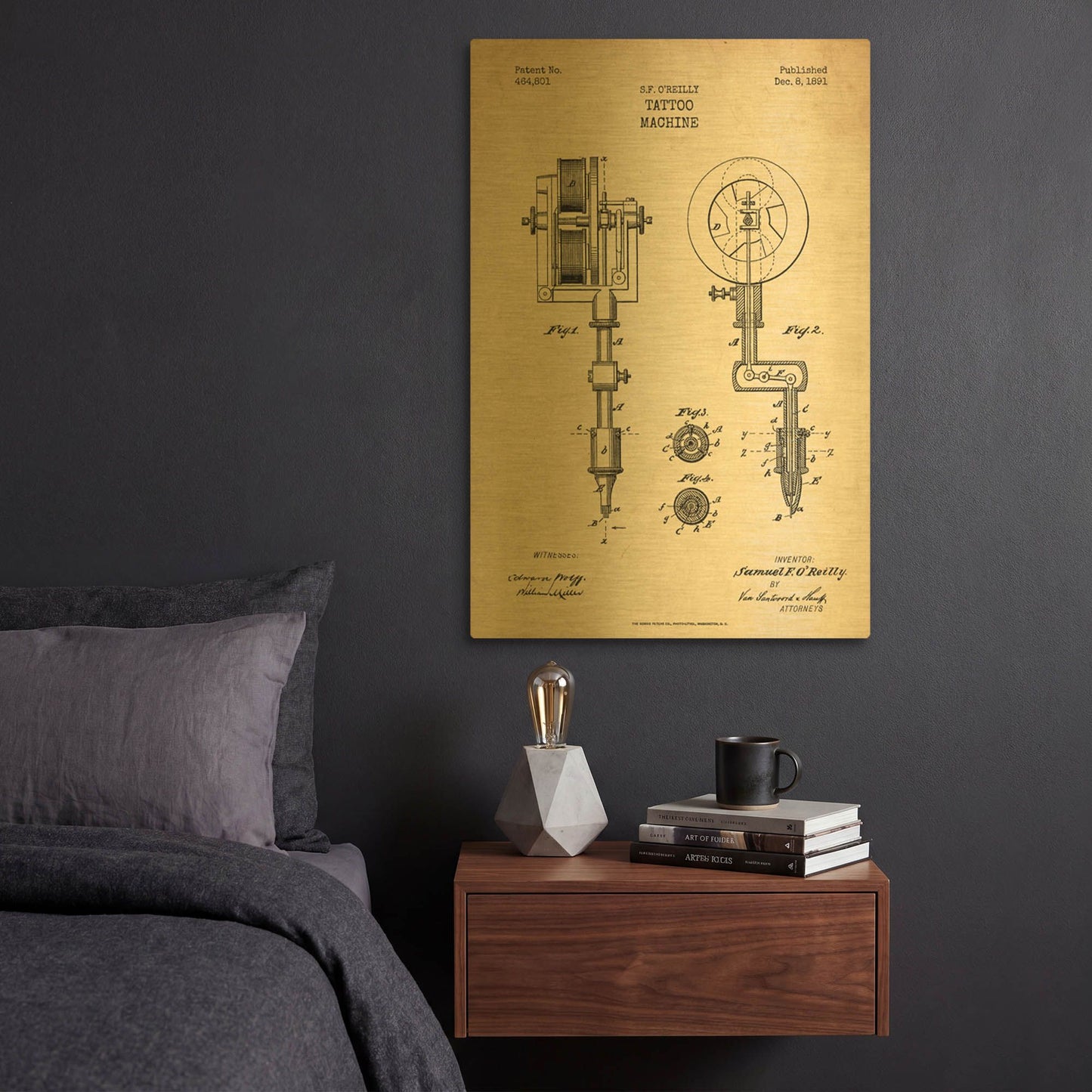'Tattoo Machine Blueprint Patent Parchment' By LUXE Gold Metal Wall Art