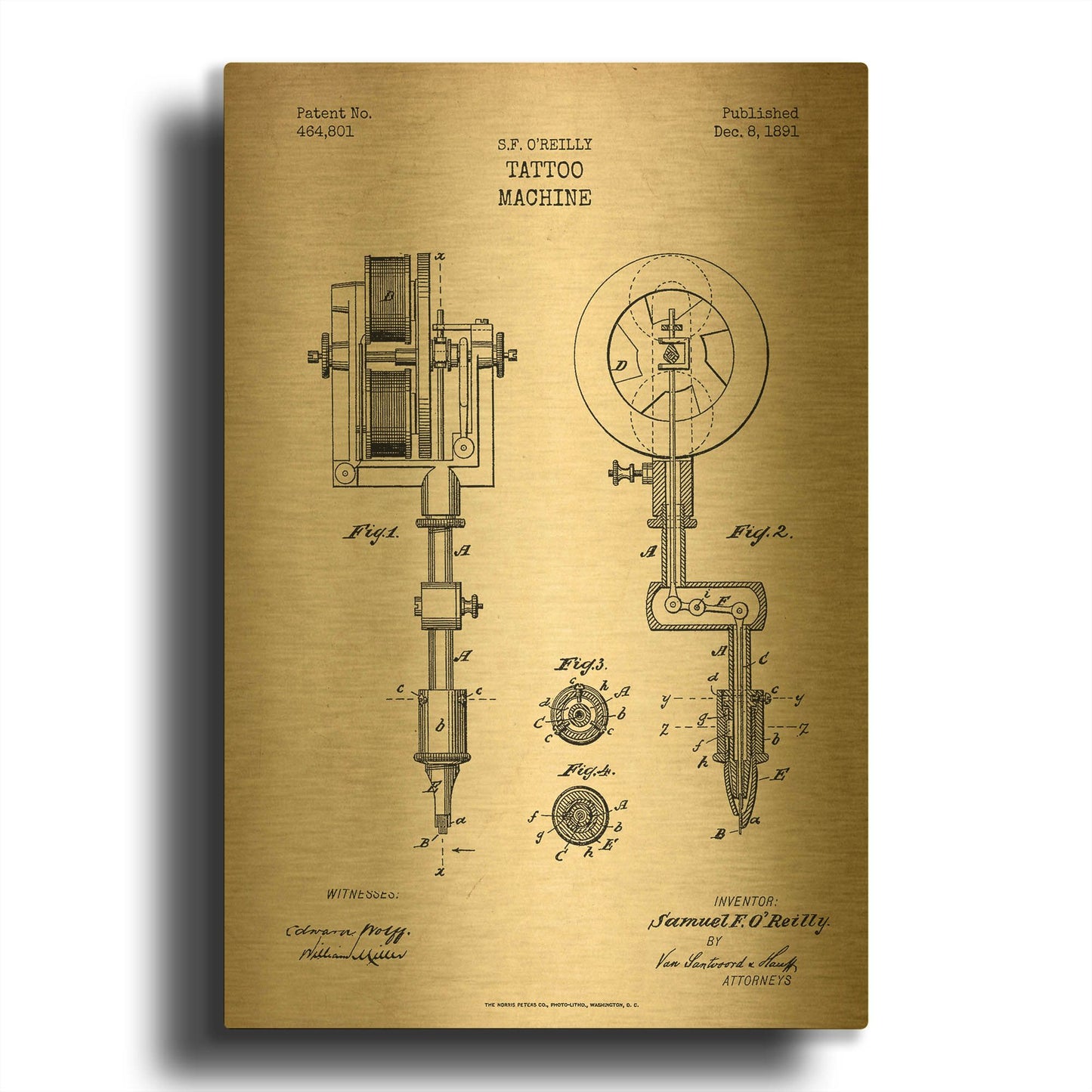 'Tattoo Machine Blueprint Patent Parchment' By LUXE Gold Metal Wall Art