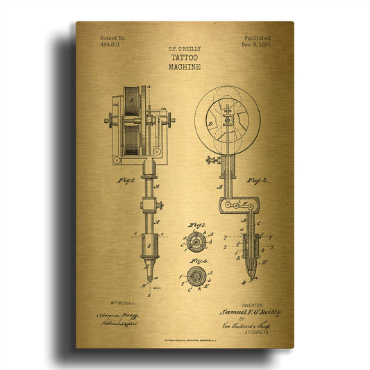 'Tattoo Machine Blueprint Patent Parchment' By LUXE Gold Metal Wall Art