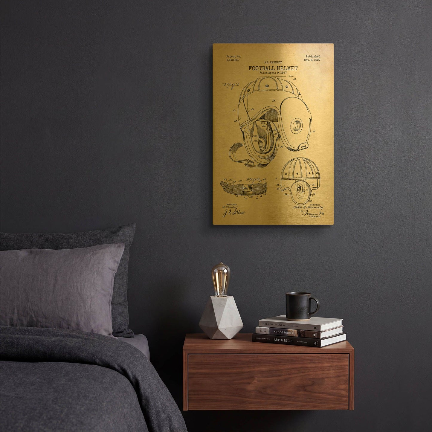 'Football Helmet Blueprint Patent Parchment' By LUXE Gold Metal Wall Art