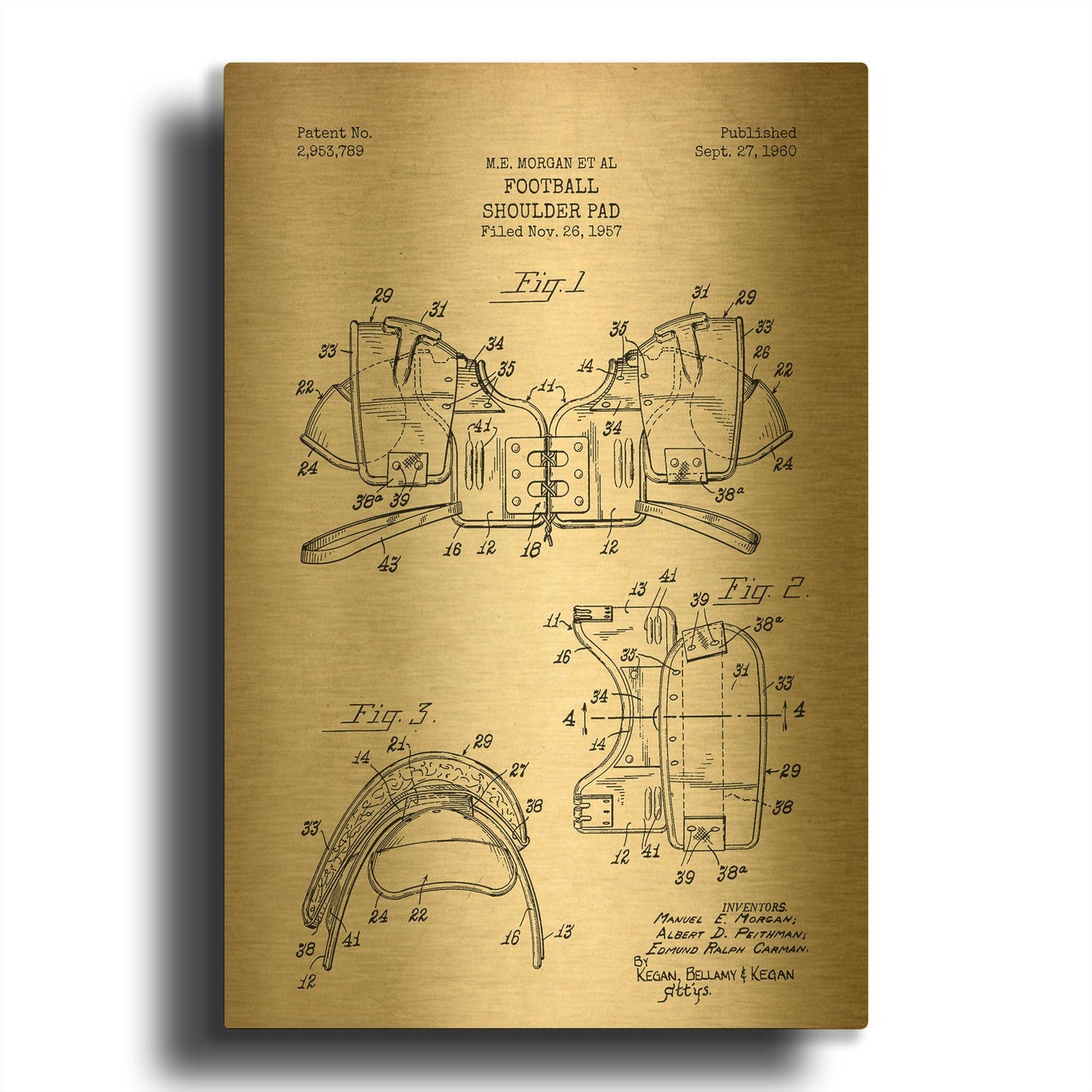 'Football Shoulder Pad Blueprint Patent Parchment' By LUXE Gold Metal Wall Art