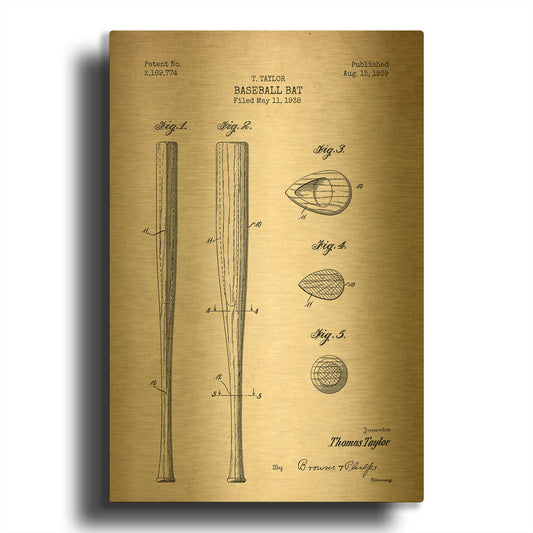'Baseball Bat Blueprint Patent' By LUXE Gold Metal Wall Art