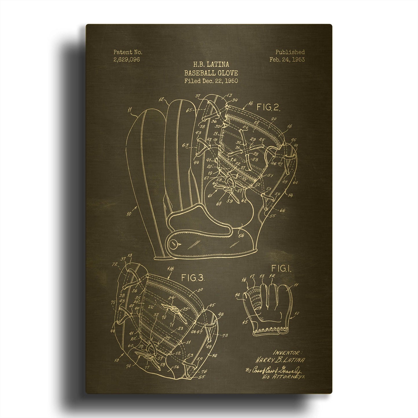 'Baseball Glove Blueprint Patent Chalkboard' By LUXE Gold Metal Wall Art
