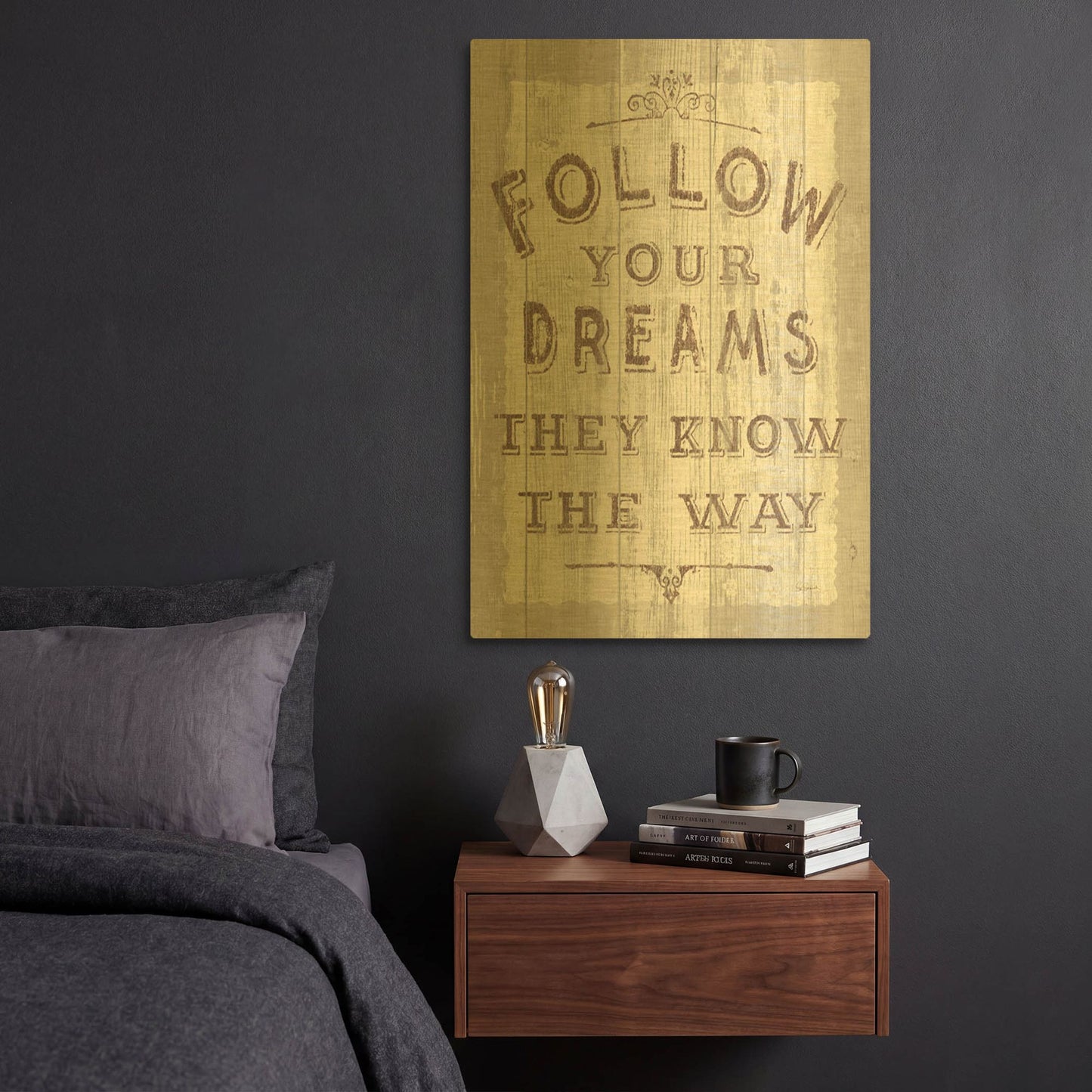 'Follow Dreams Driftwood' By Sue Schlabach Gold Metal Wall Art
