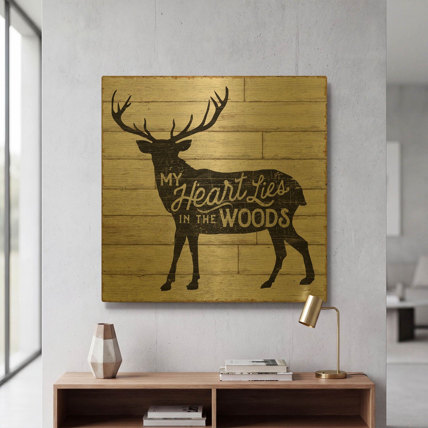 'Lake Lodge II' By Sue Schlabach Gold Metal Wall Art