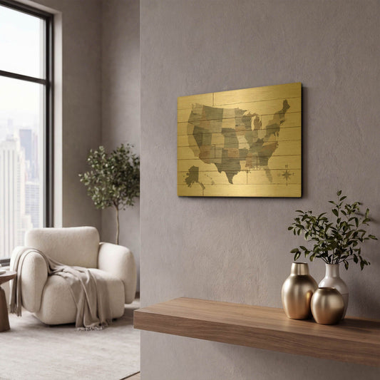'Barnboard Map Neutral' By Sue Schlabach Gold Metal Wall Art