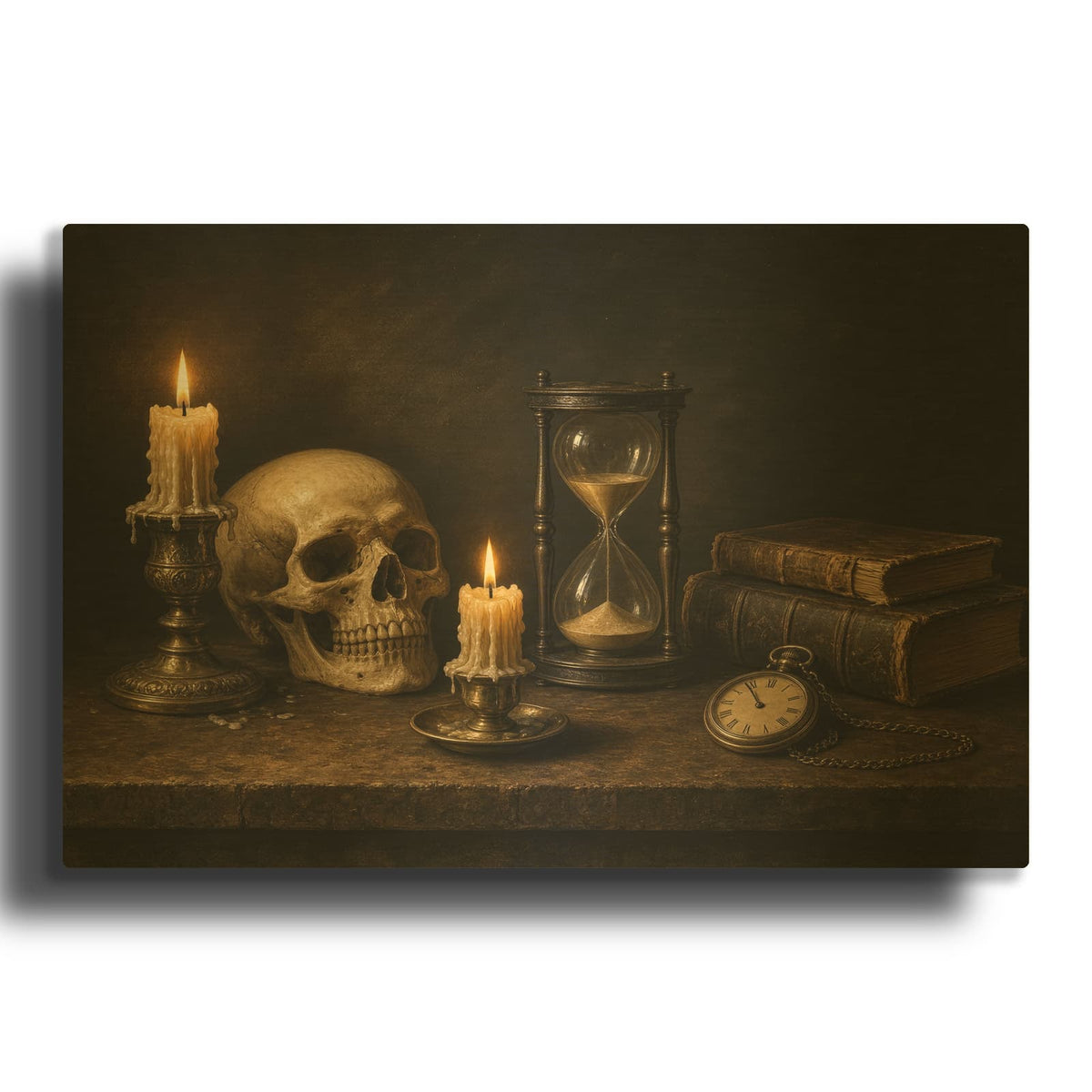 'Candlelit Skull Still Life' Gold Metal Wall Art
