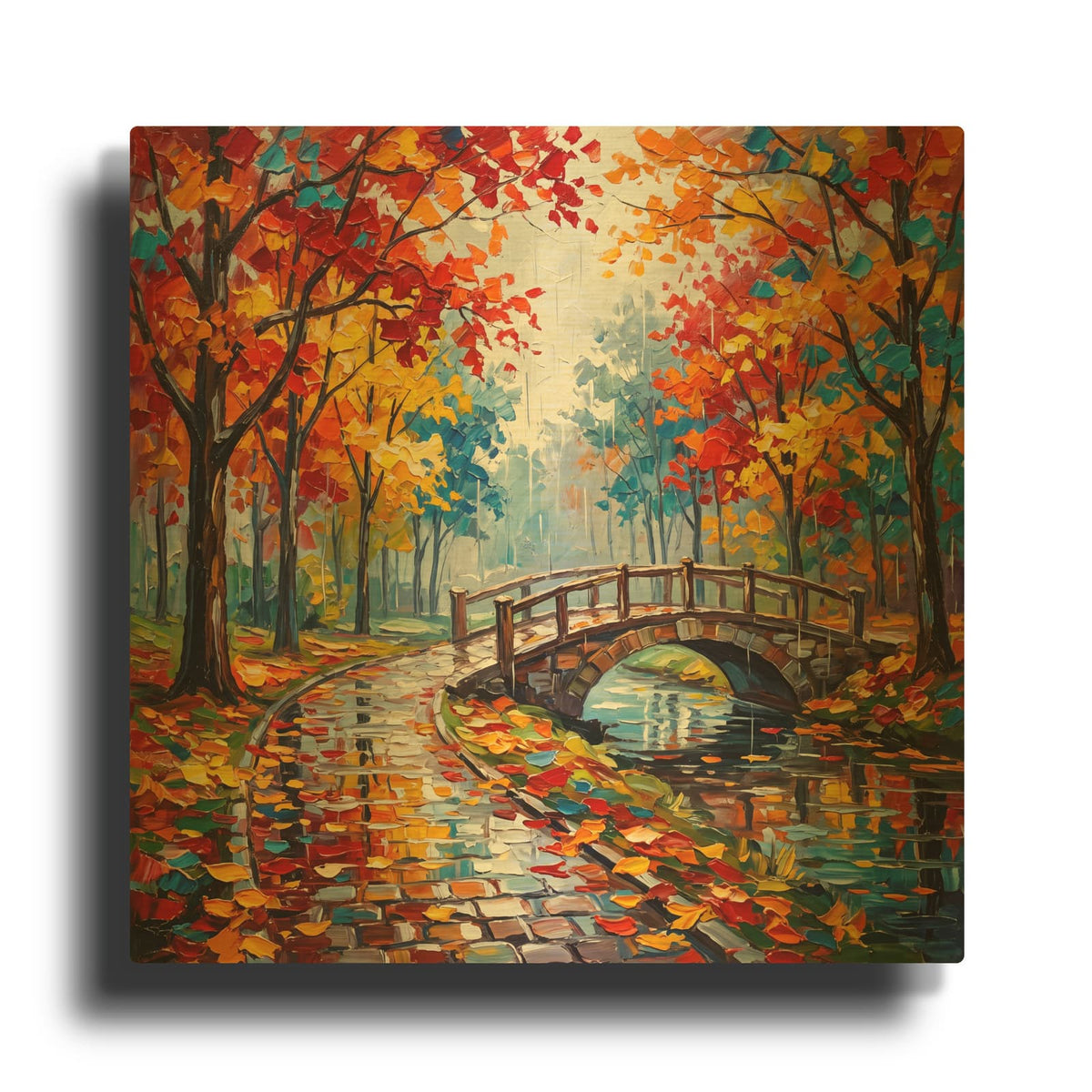 'Autumn Bridge Over Stream' By Veve Gold Metal Wall Art
