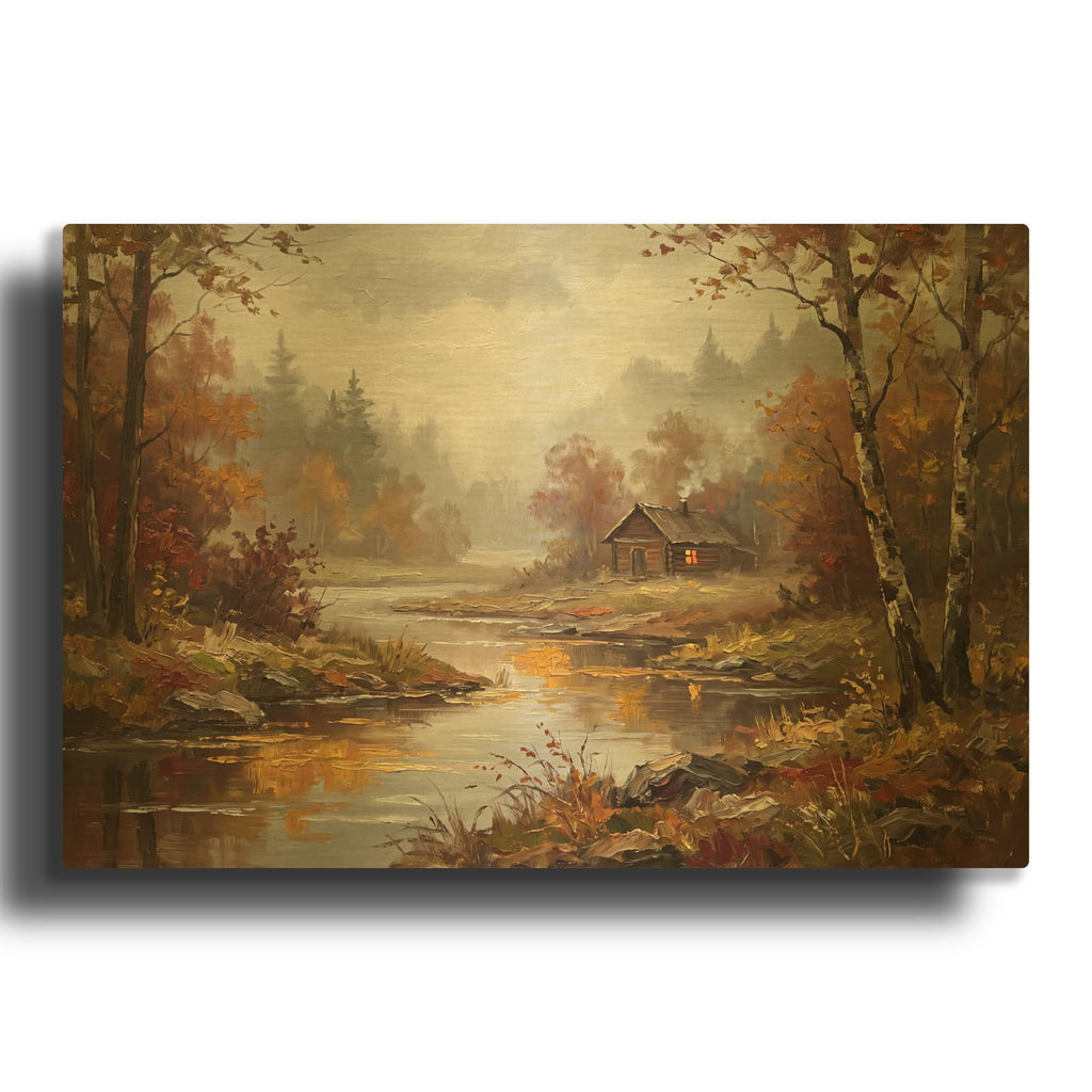 'Autumn Cabin by the Misty Creek' By Veve Gold Metal Wall Art