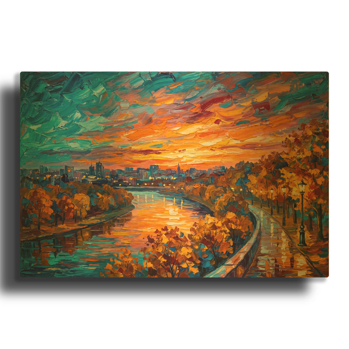 'Autumn Embers Over the River' By Veve Gold Metal Wall Art