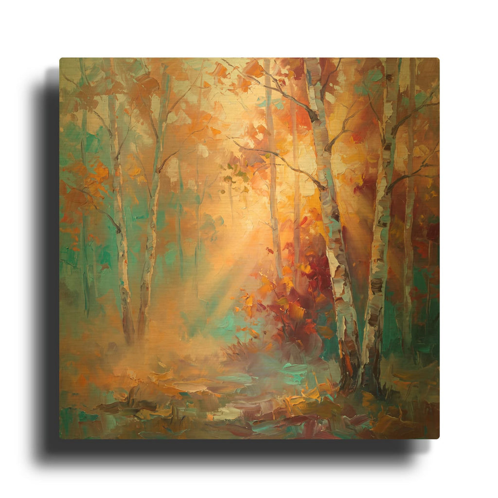 'Birch Forest in Fog with Golden Light' By Veve Gold Metal Wall Art
