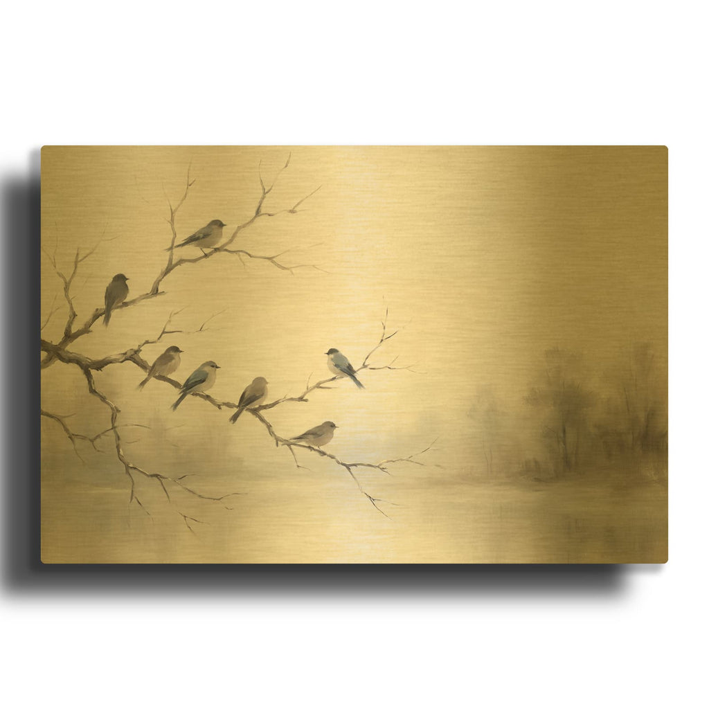 'Birds in the Winter Fog' By Veve Gold Metal Wall Art