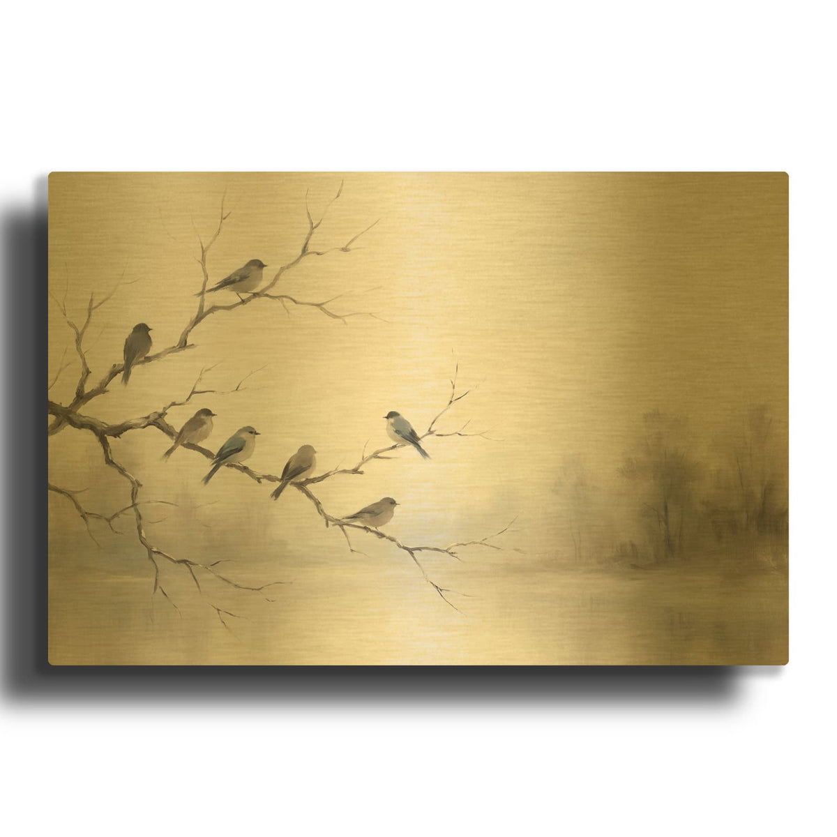 'Birds in the Winter Fog' By Veve Gold Metal Wall Art