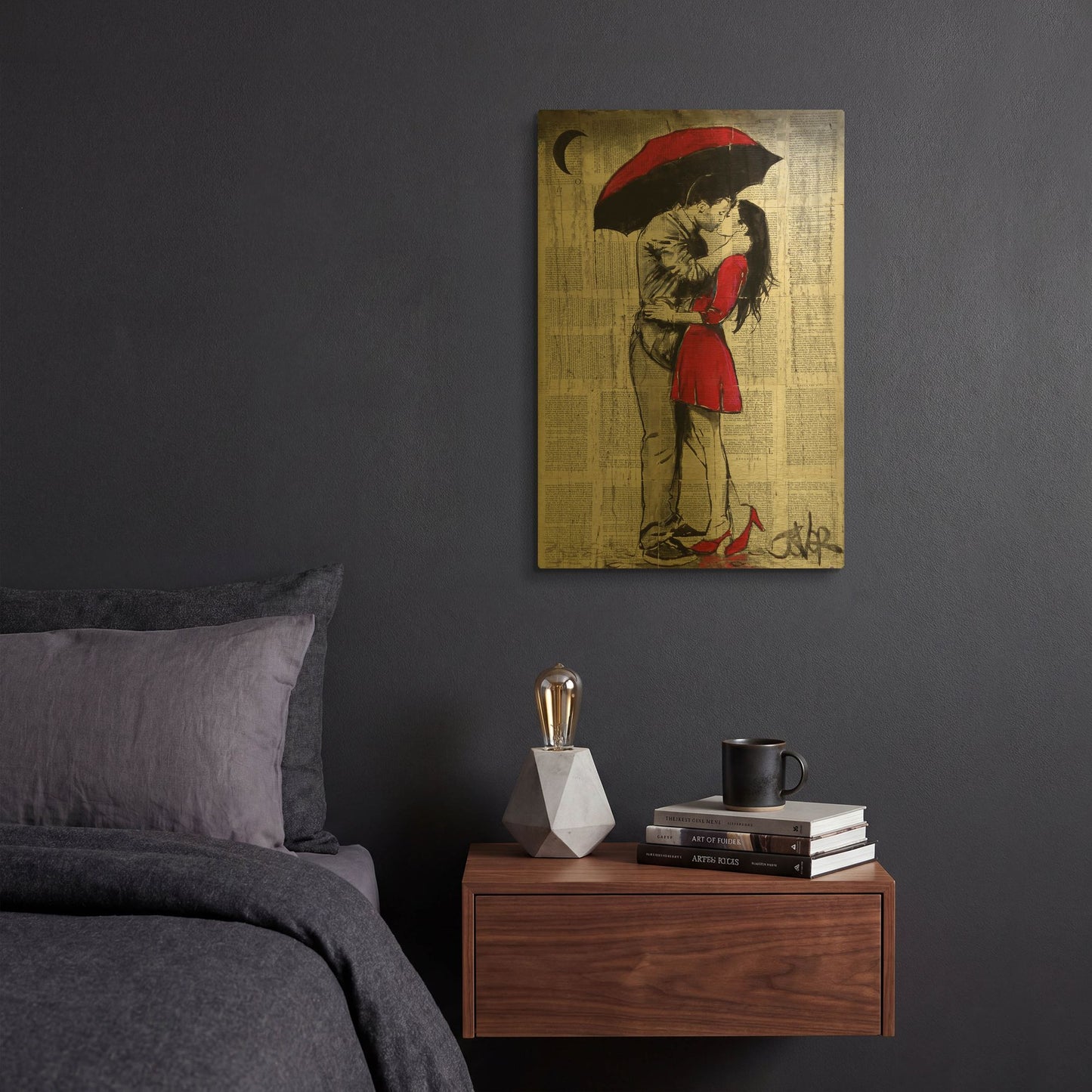 'Red Rainy Love' By Loui Jover Gold Metal Wall Art