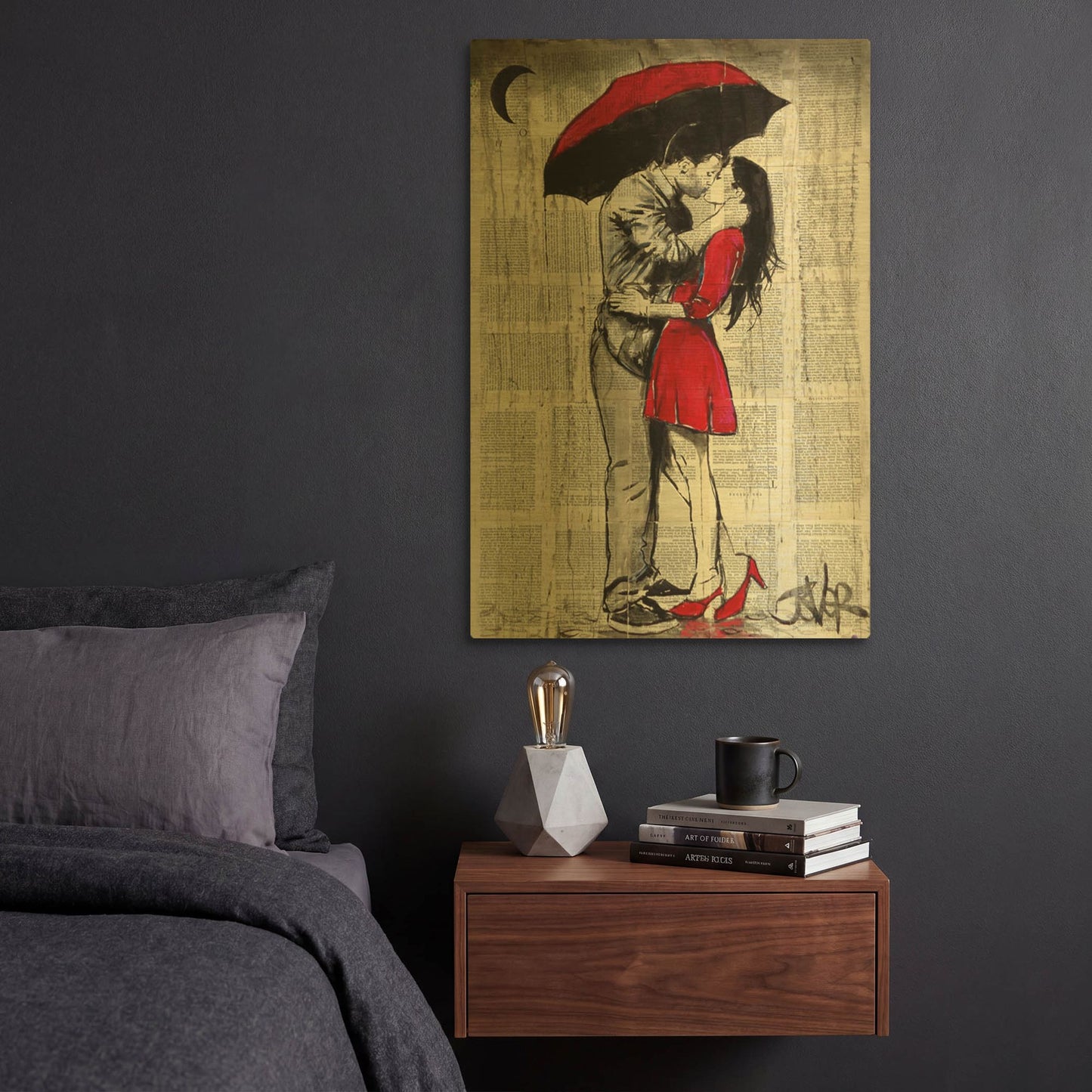 'Red Rainy Love' By Loui Jover Gold Metal Wall Art