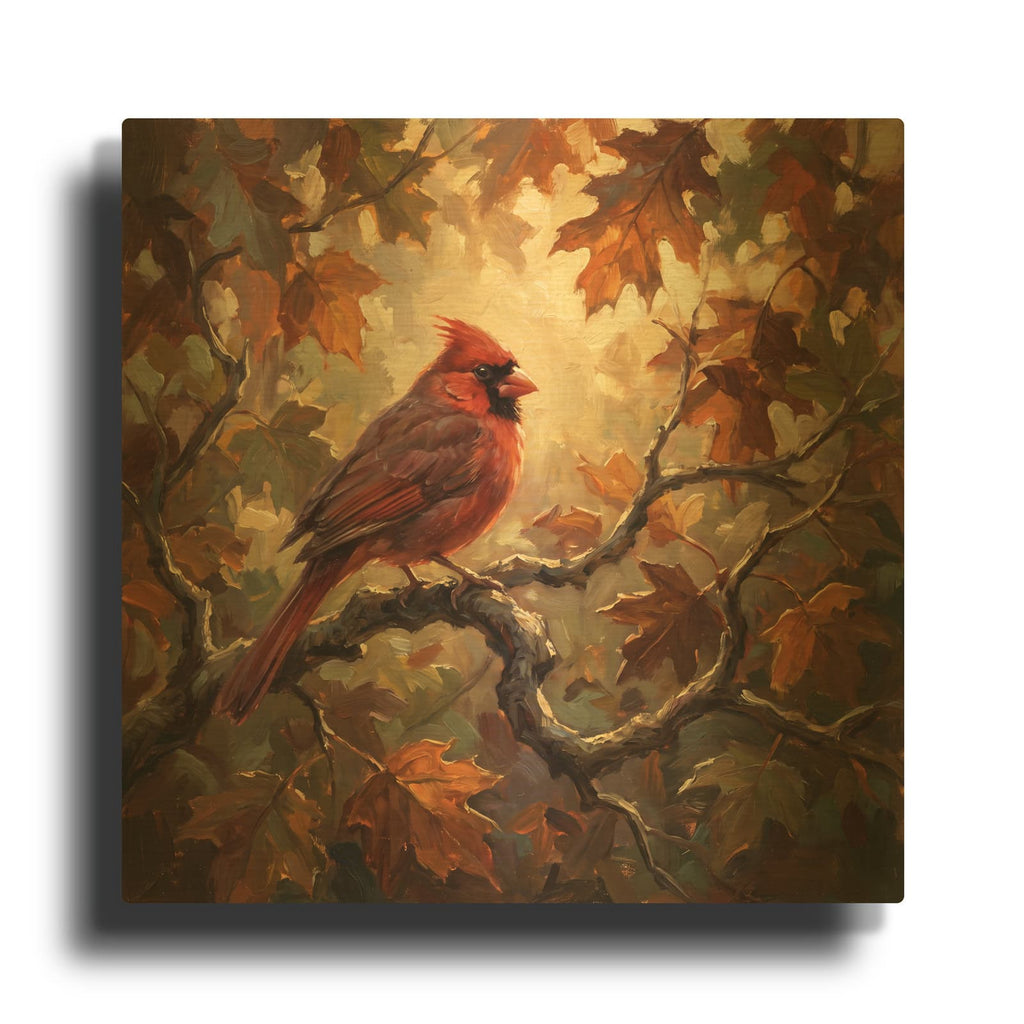 'Cardinal in Autumn' By Veve Gold Metal Wall Art