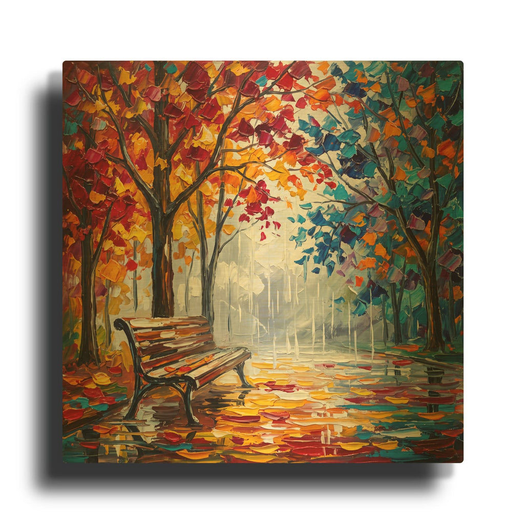 'Colorful Autumn Park Bench' By Veve Gold Metal Wall Art