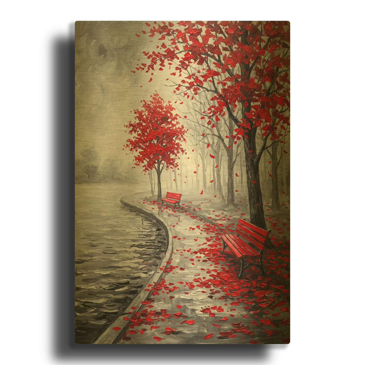 'Crimson Leaves by the Water' By Veve Gold Metal Wall Art