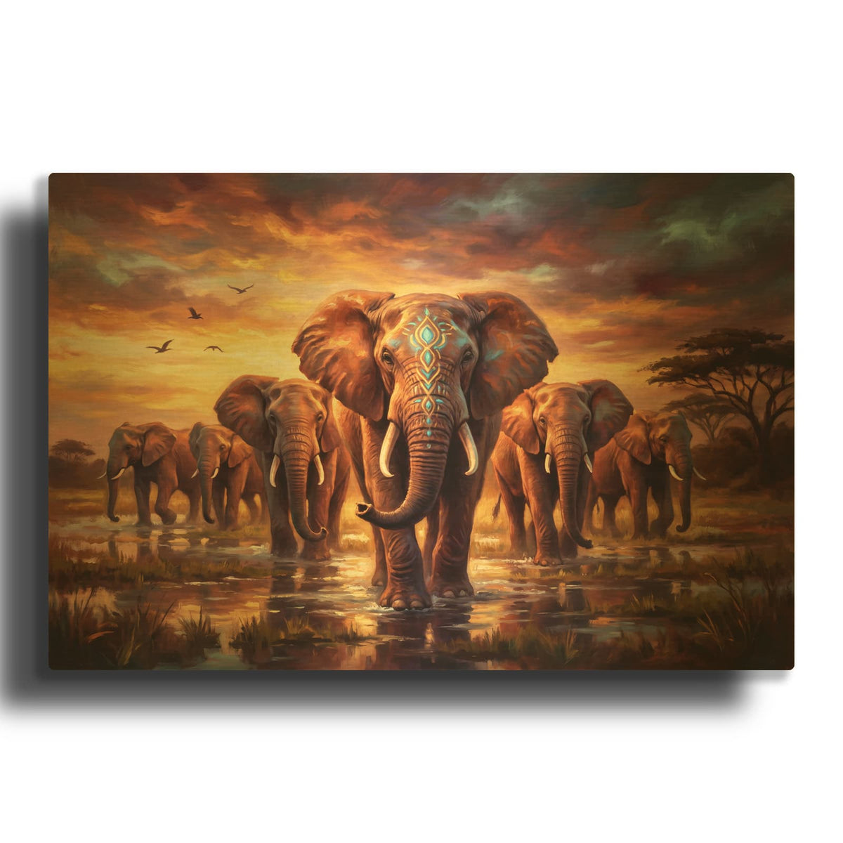'Elephants at Sunset' By Veve Gold Metal Wall Art