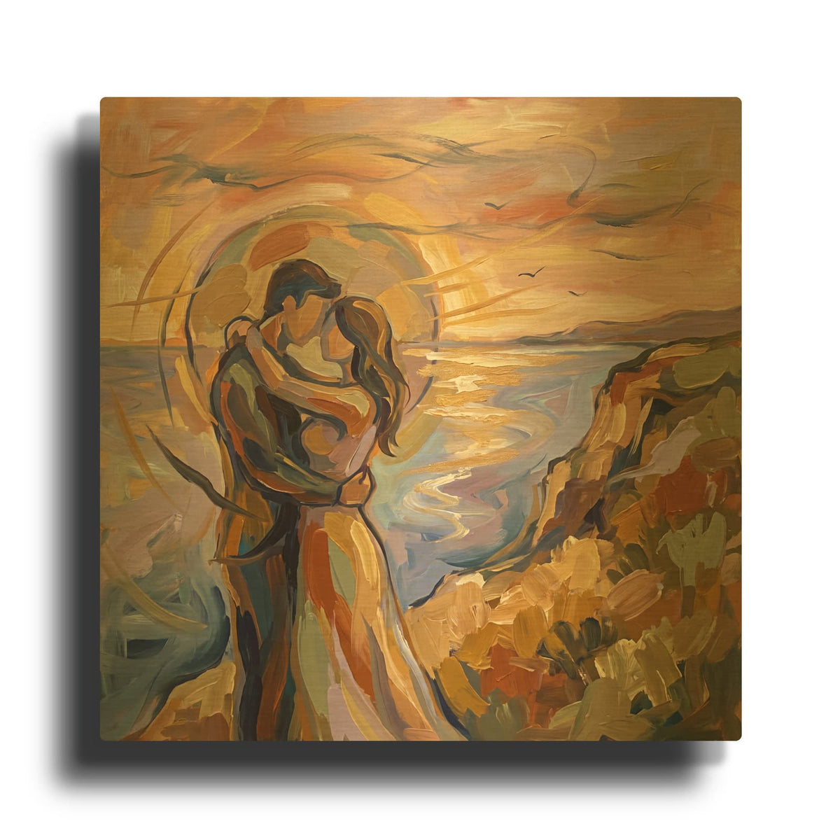 'Embrace by the Golden Sea' By Veve Gold Metal Wall Art