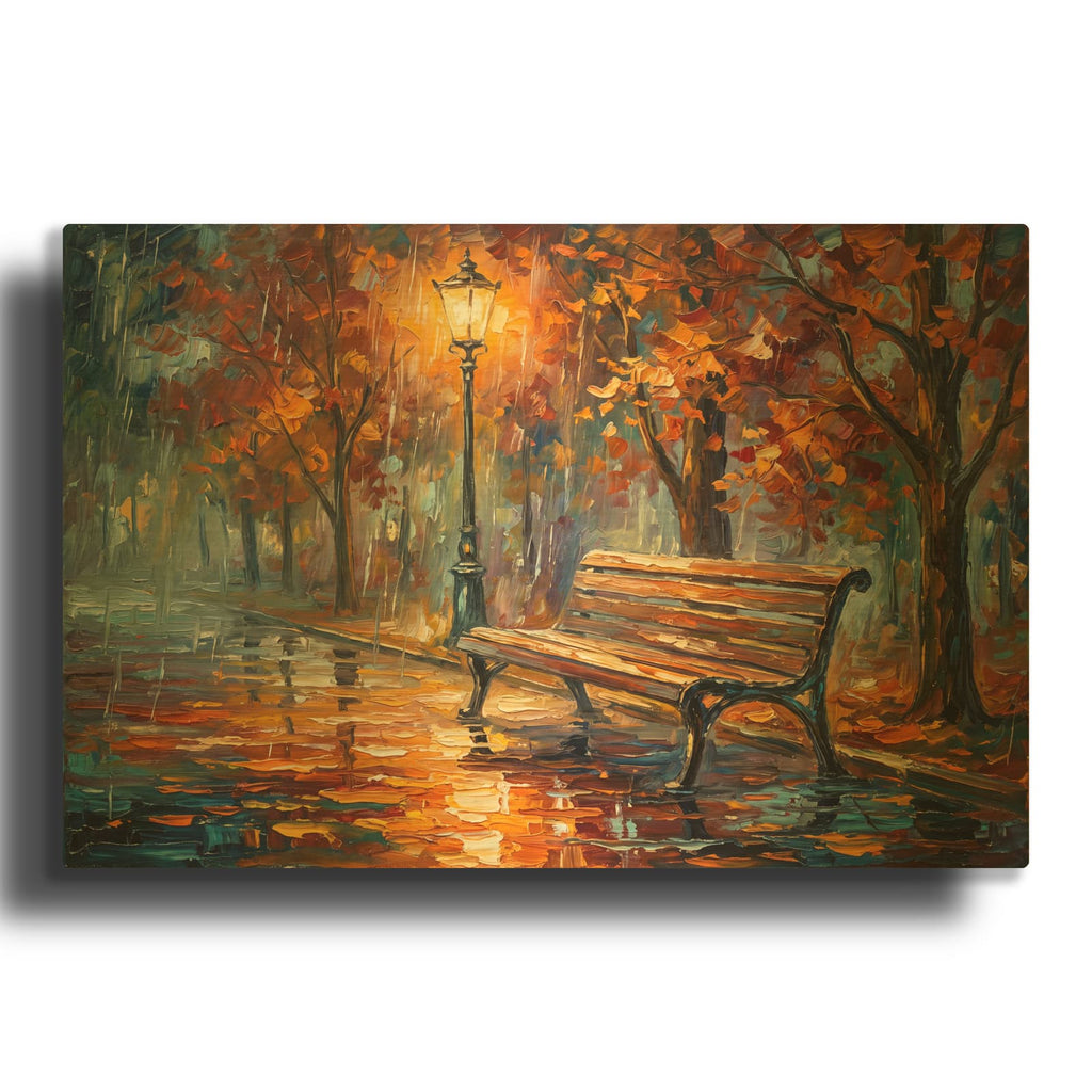 'Empty Park Bench Autumn Sunset' By Veve Gold Metal Wall Art