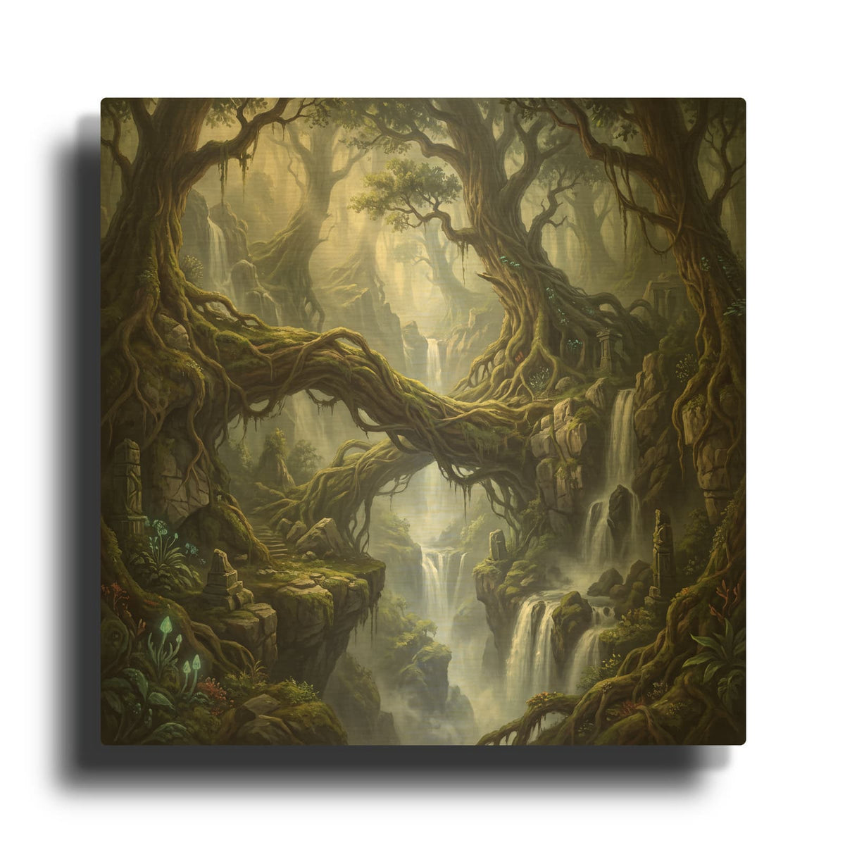 'Enchanted Forest Arch with Waterfall and Morning Mist' By Veve Gold Metal Wall Art