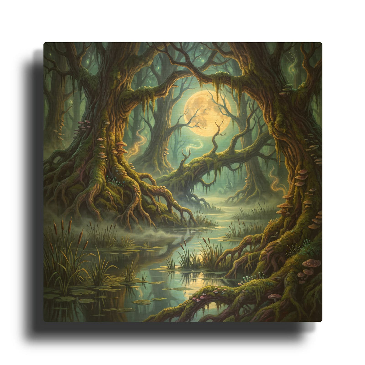 'Enchanted Moonlit Swamp with Mossy Trees' By Veve Gold Metal Wall Art