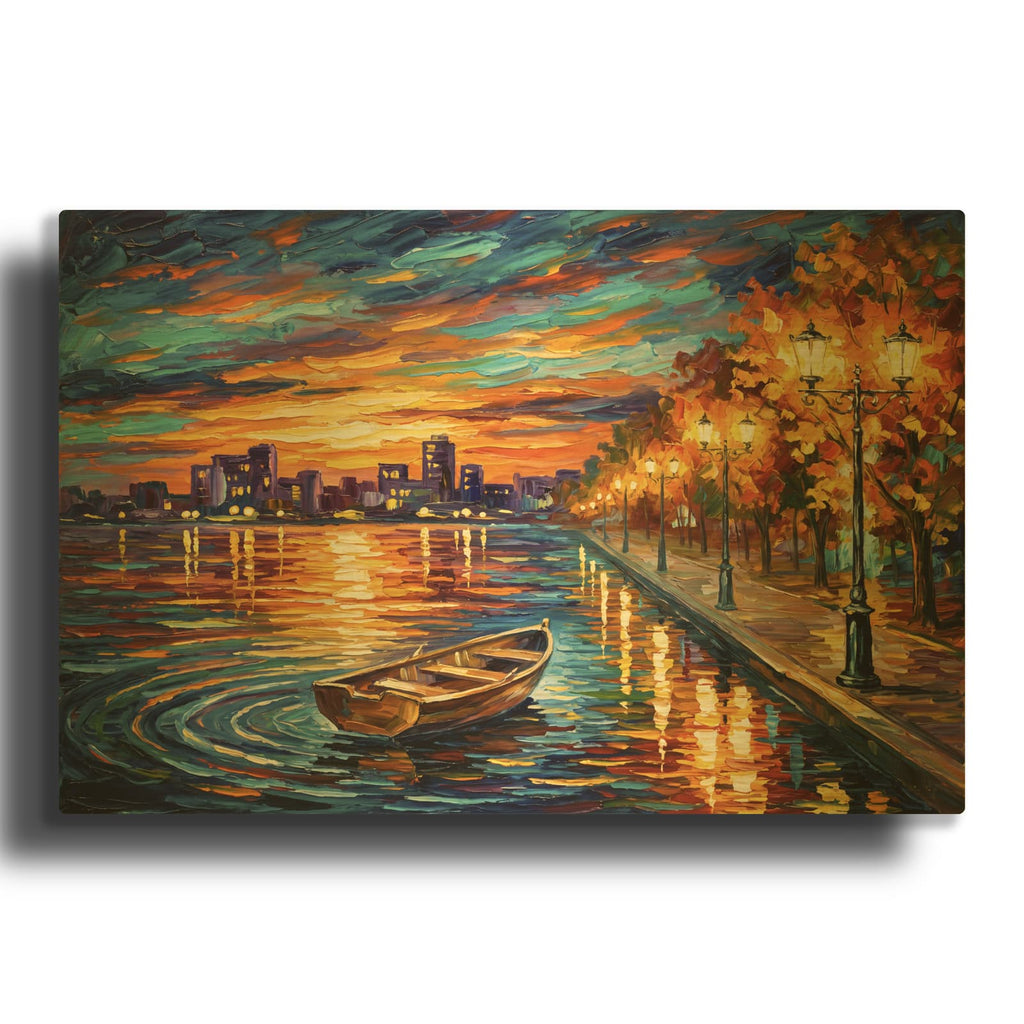 'Evening Drift - Lone Boat on the Golden River' By Veve Gold Metal Wall Art