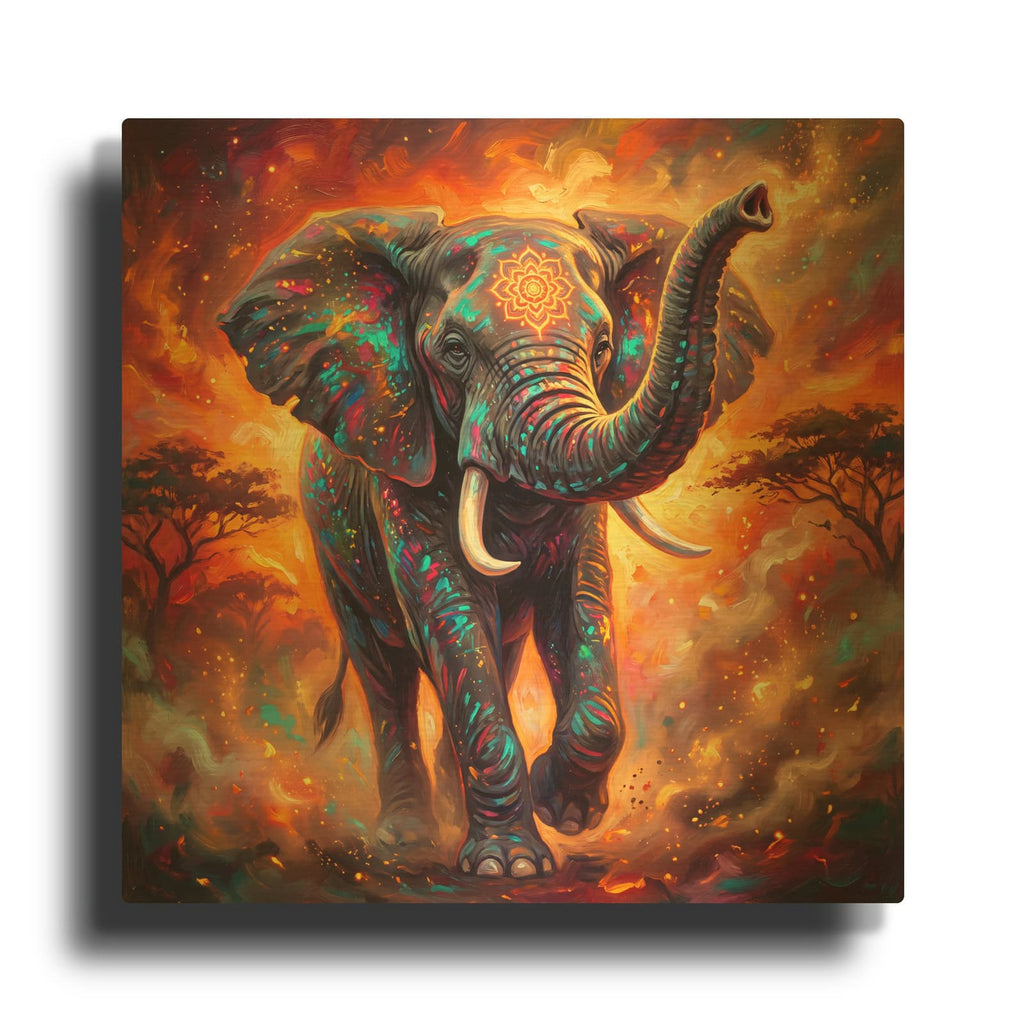 'Fiery Majesty - Elephant at Sunset' By Veve Gold Metal Wall Art