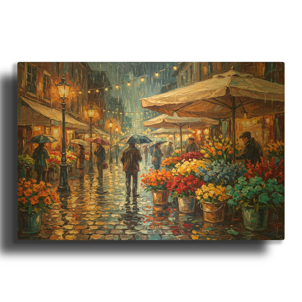 'Flower Market Rain at Night' By Veve Gold Metal Wall Art