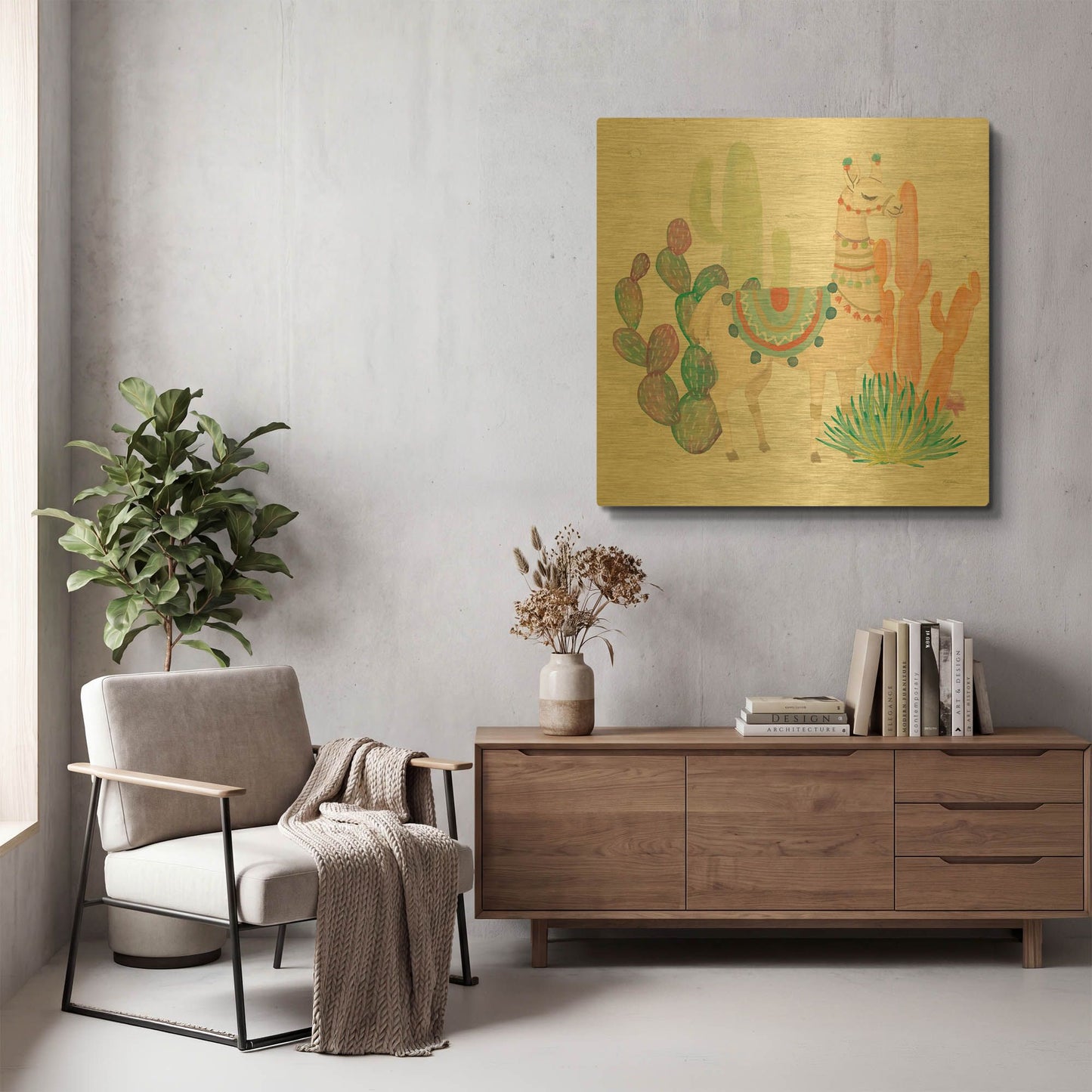 'Lovely Llamas II' By Mary Urban Gold Metal Wall Art