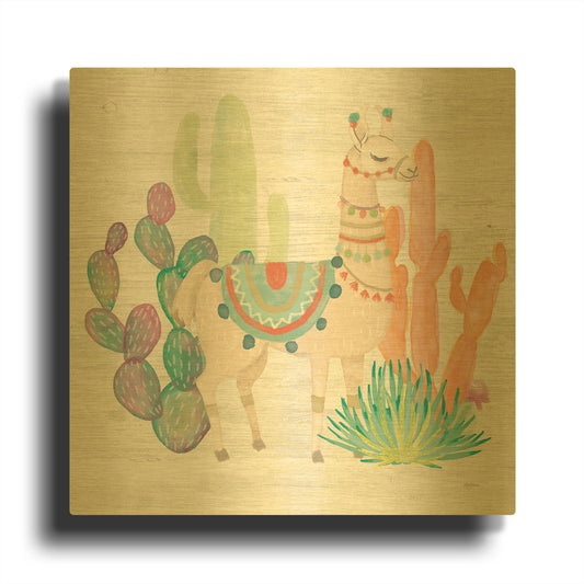 'Lovely Llamas II' By Mary Urban Gold Metal Wall Art