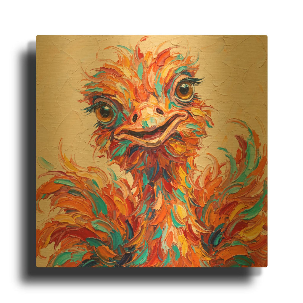 'Funny Ostrich Portrait' By Veve Gold Metal Wall Art