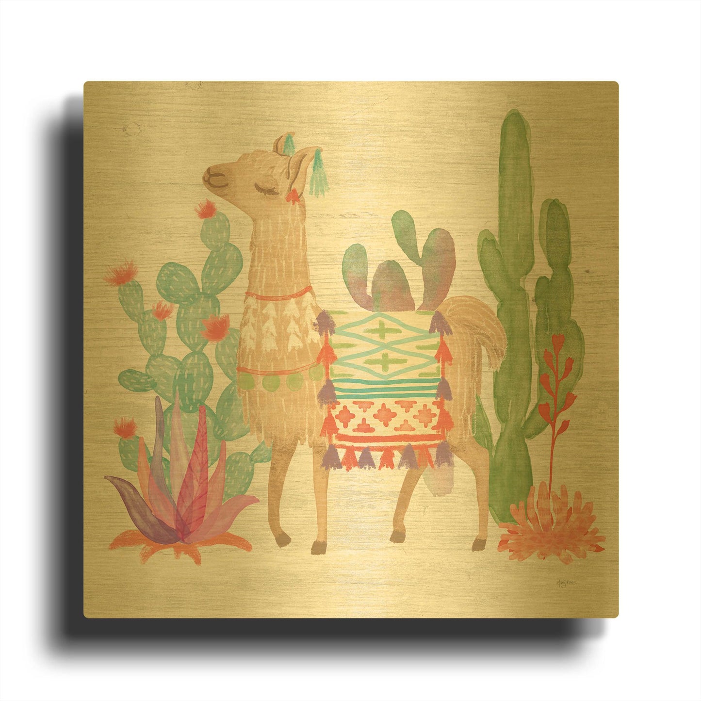'Lovely Llamas IV' By Mary Urban Gold Metal Wall Art