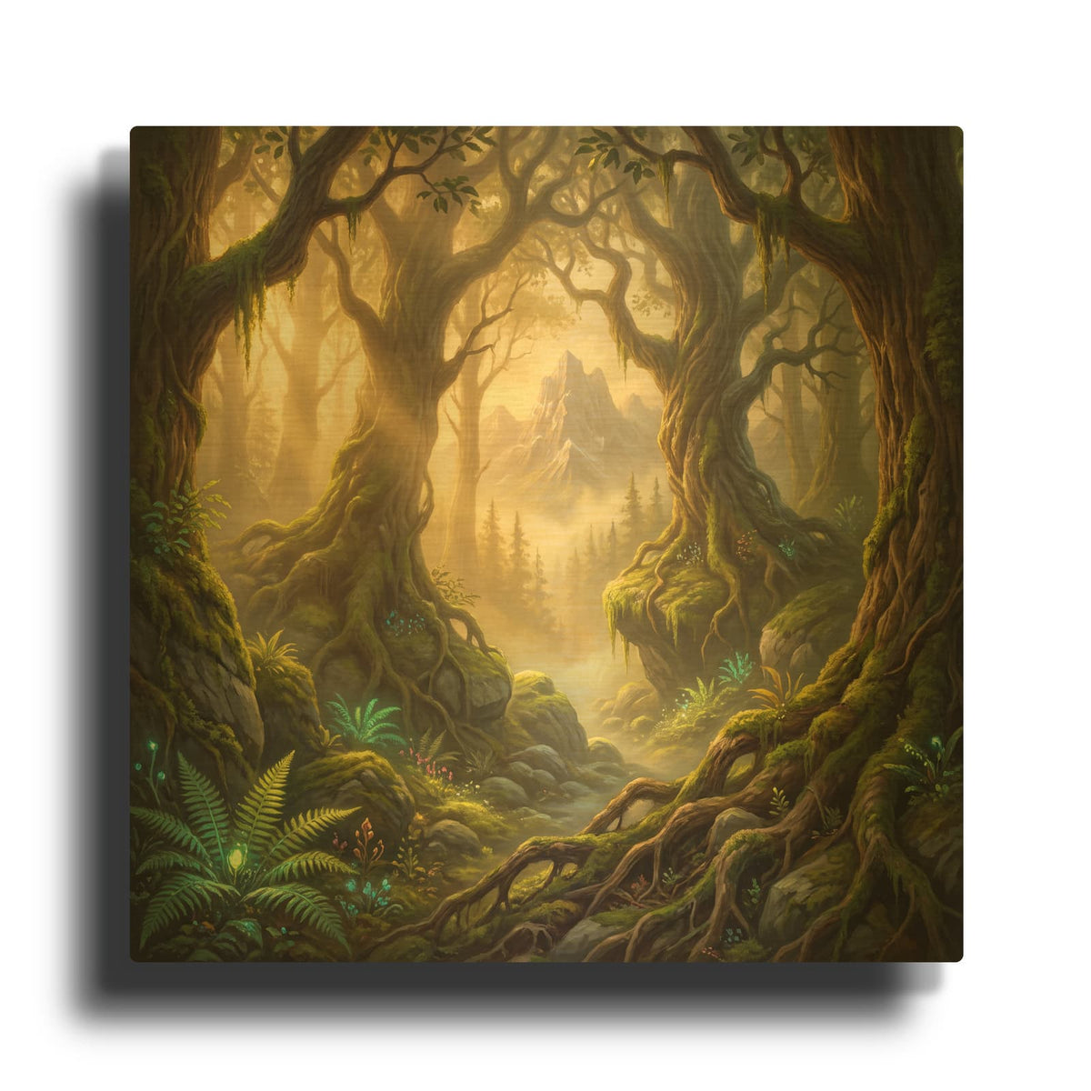 'Golden Luminous Ancient Tree in Enchanted Forest' By Veve Gold Metal Wall Art