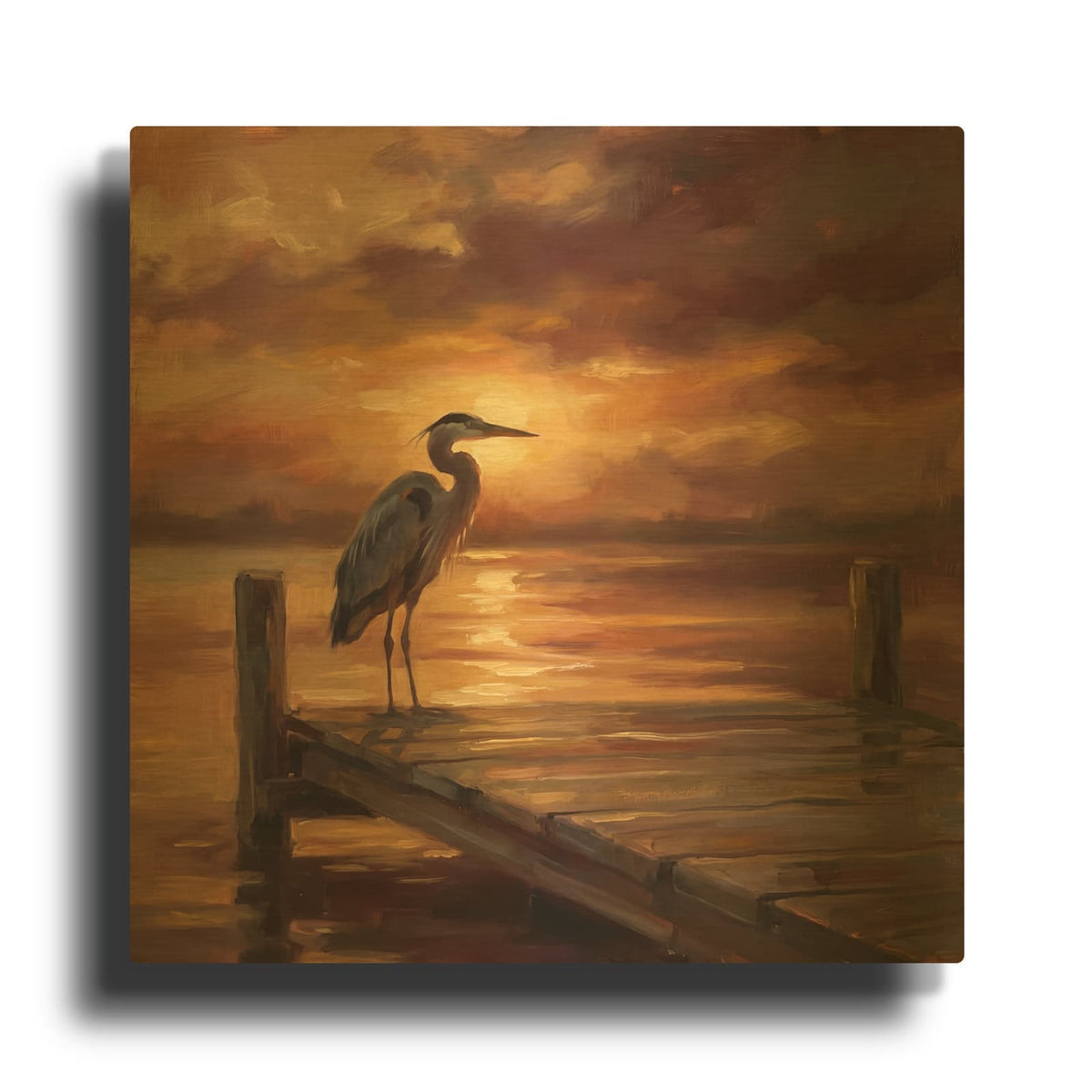 'Heron at Sunset' By Veve Gold Metal Wall Art