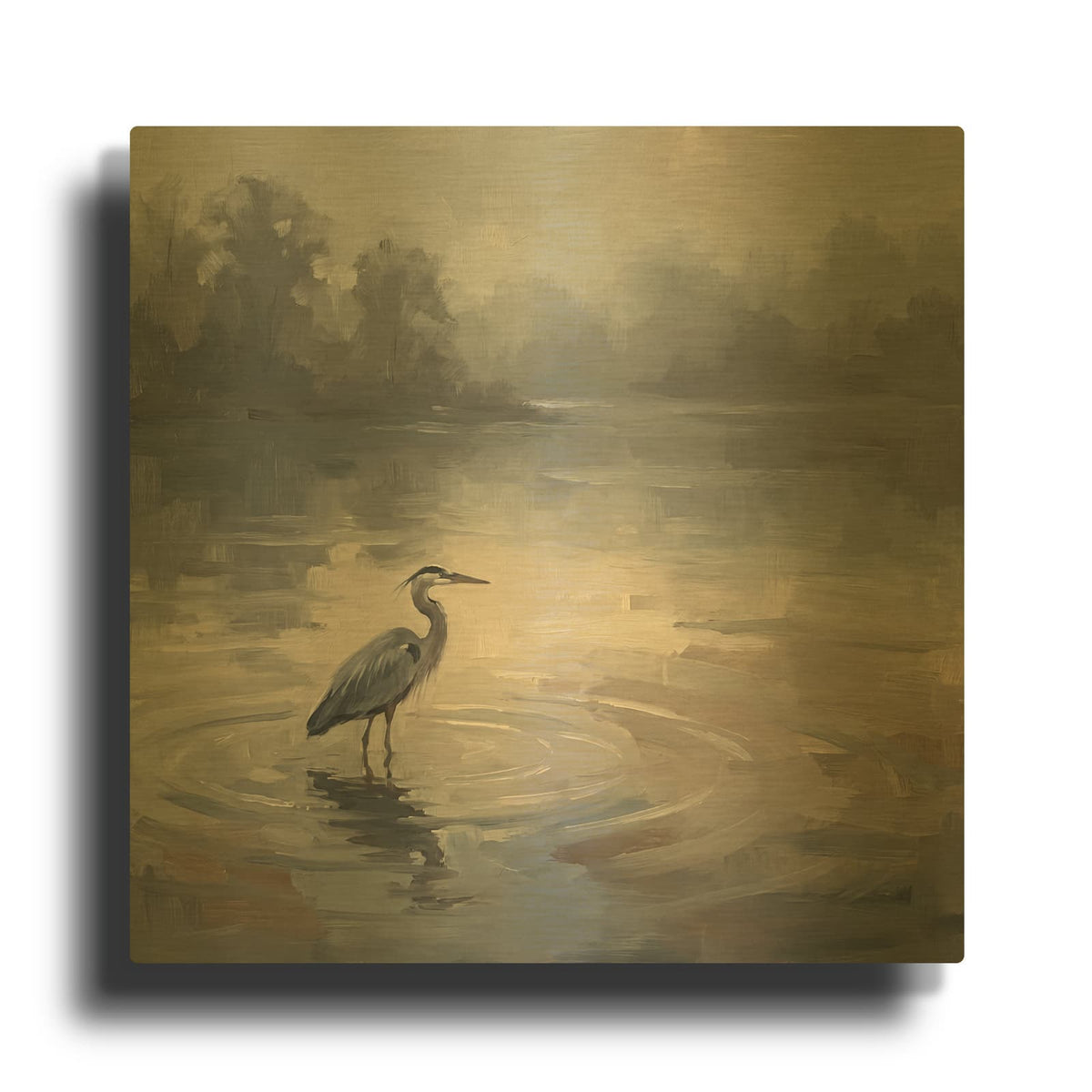 'Heron on a Rainy Lake' By Veve Gold Metal Wall Art