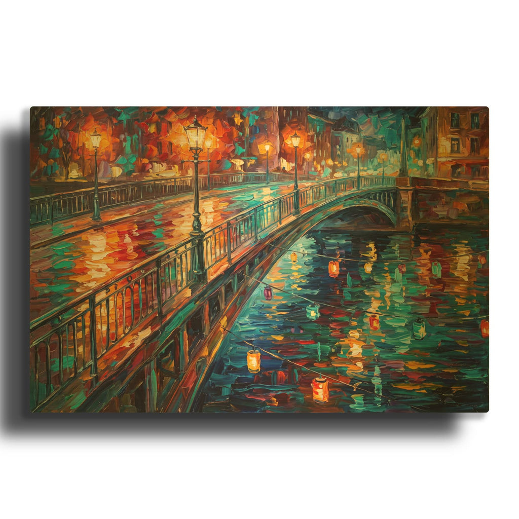'Historic Stone Bridge Evening Lights' By Veve Gold Metal Wall Art