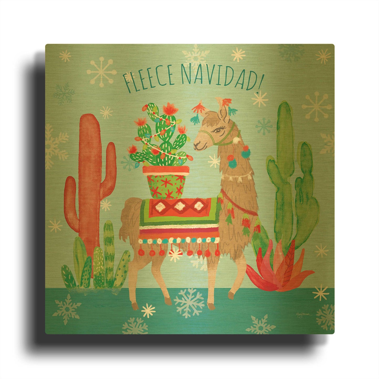 'Lovely Llamas Christmas III' By Mary Urban Gold Metal Wall Art