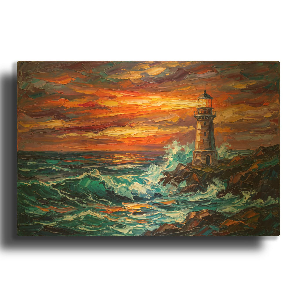 'Lighthouse Beam at Sunset Ocean Waves' By Veve Gold Metal Wall Art