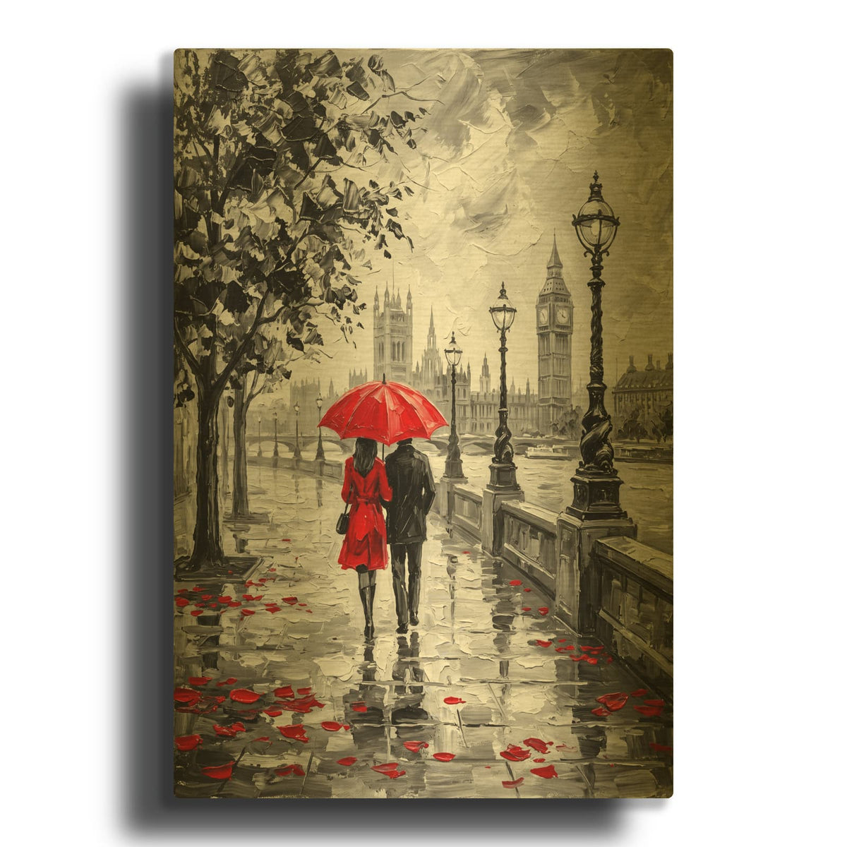 'London Romance Beneath a Red Umbrella' By Veve Gold Metal Wall Art