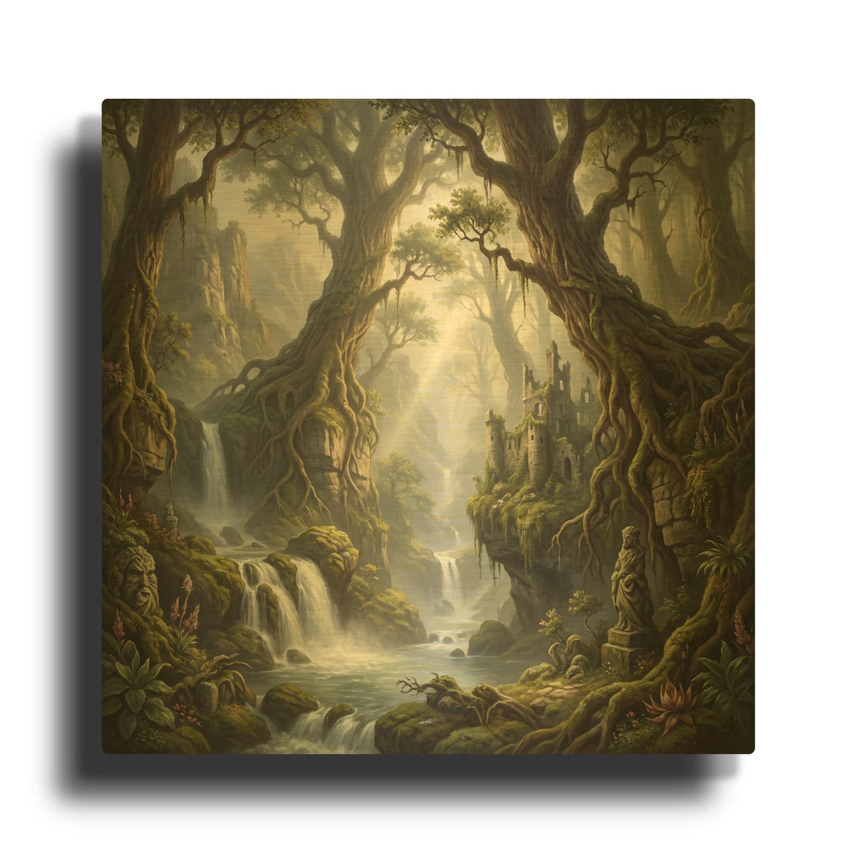 'Misty Ancient Forest with Waterfall Light' By Veve Gold Metal Wall Art