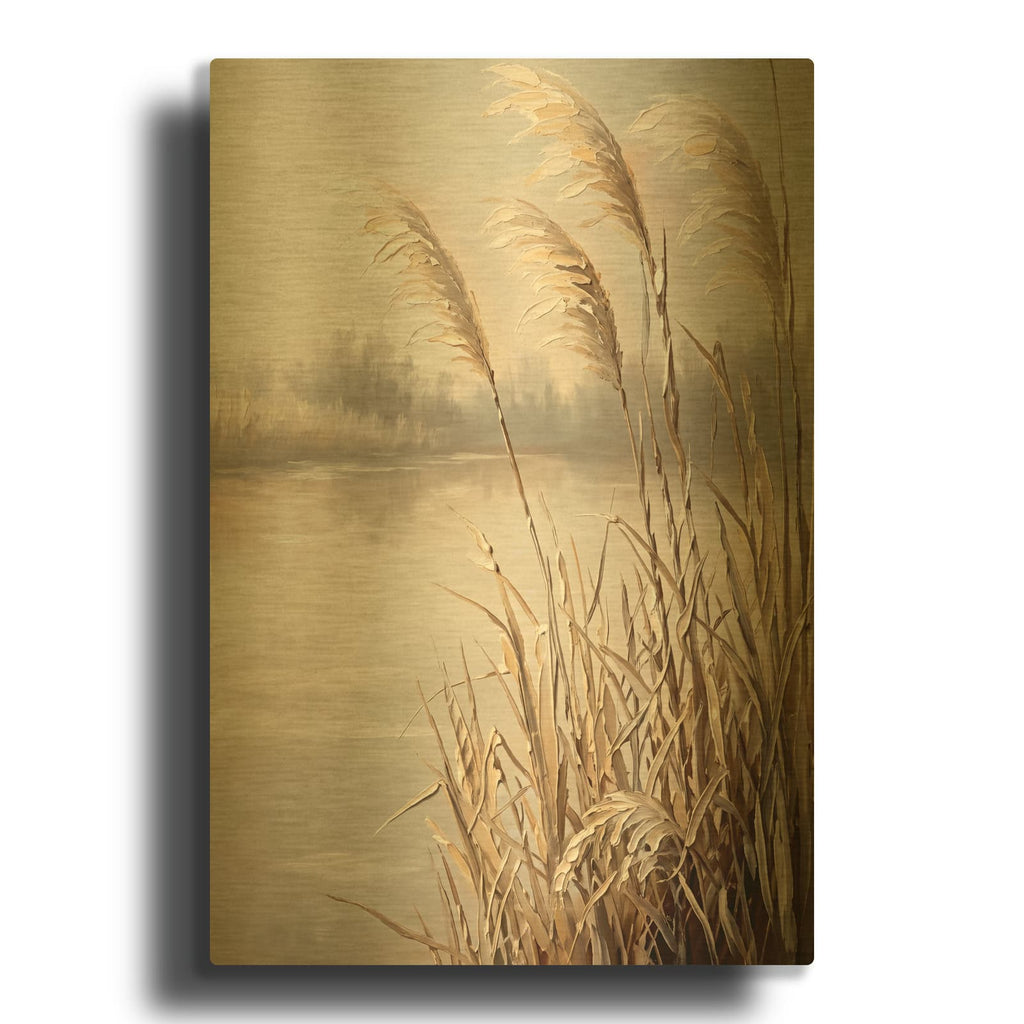 'Pampas Grass by a Misty Lake' By Veve Gold Metal Wall Art