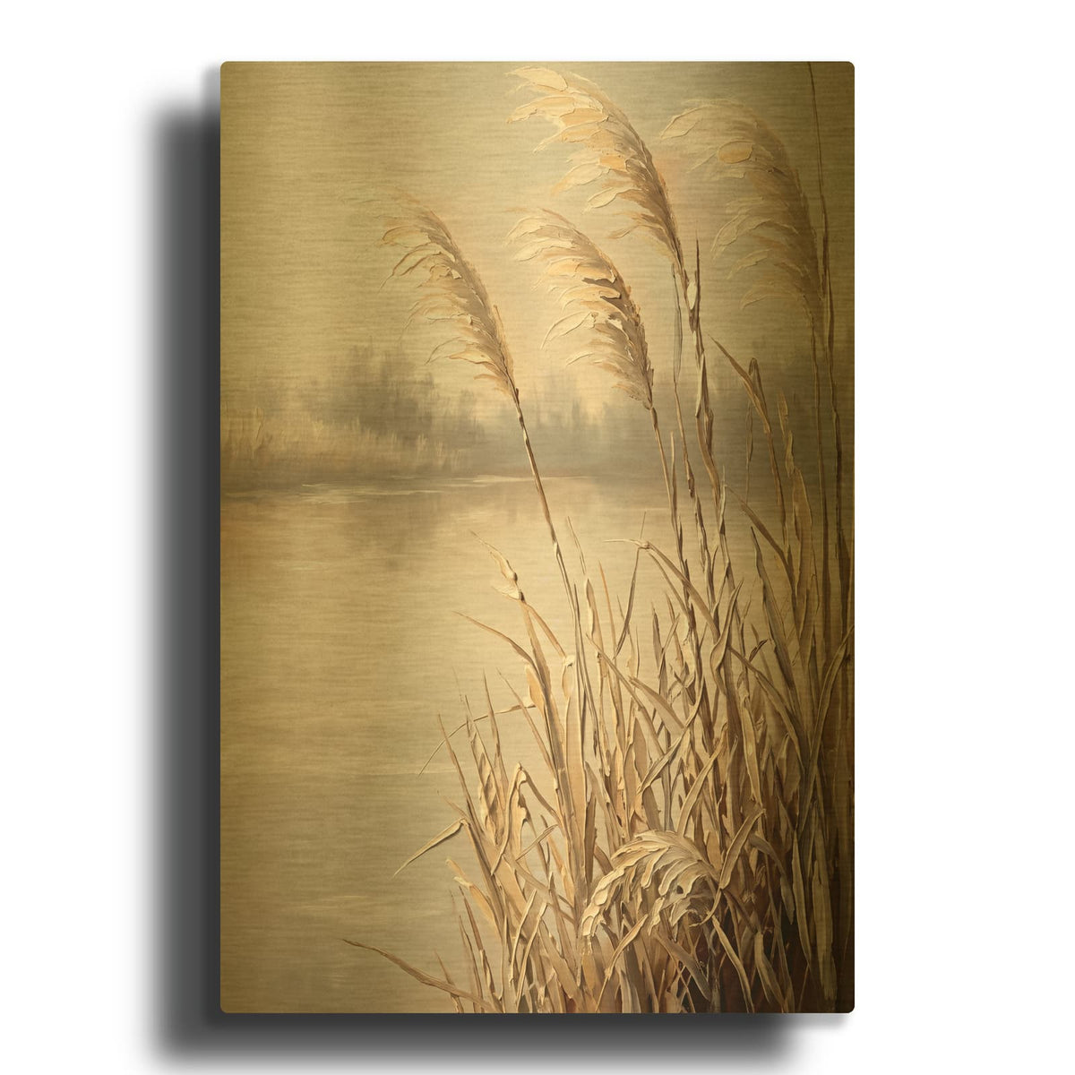 'Pampas Grass by a Misty Lake' By Veve Gold Metal Wall Art