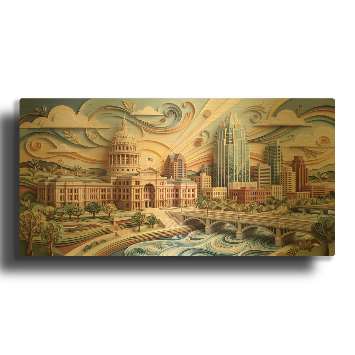 'Paper Cut Austin Texas Skyline' By Veve Gold Metal Wall Art