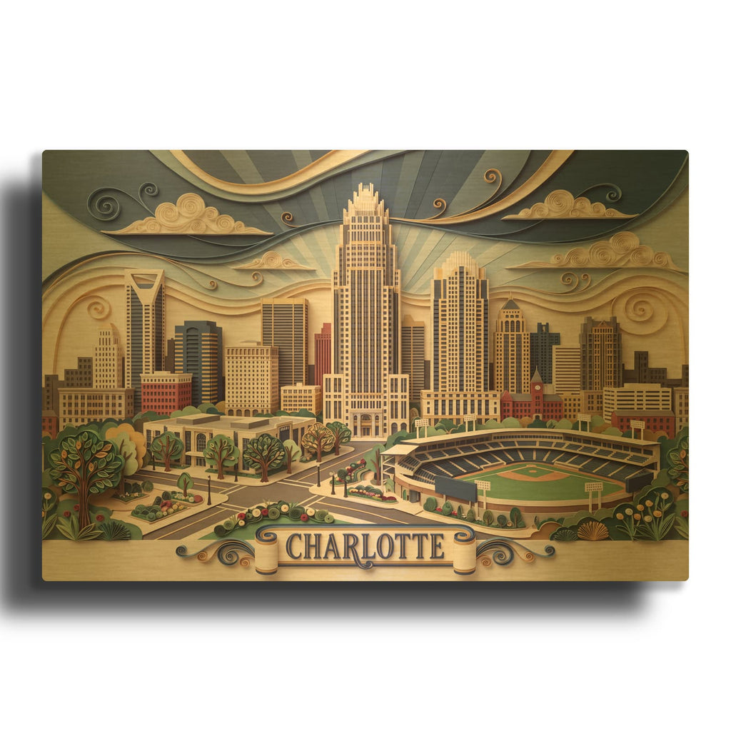 'Paper Cut Charlotte Skyline' By Veve Gold Metal Wall Art