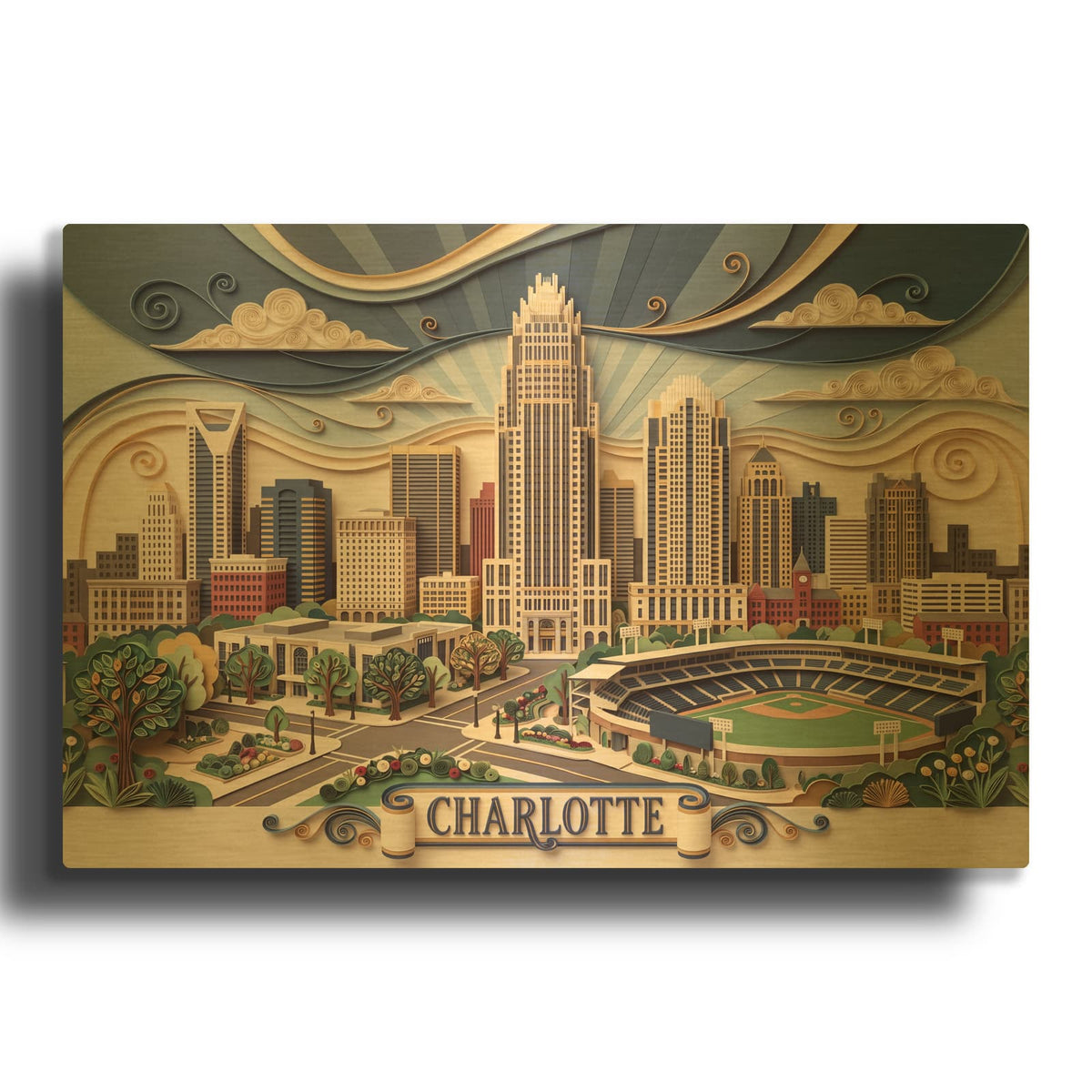'Paper Cut Charlotte Skyline' By Veve Gold Metal Wall Art