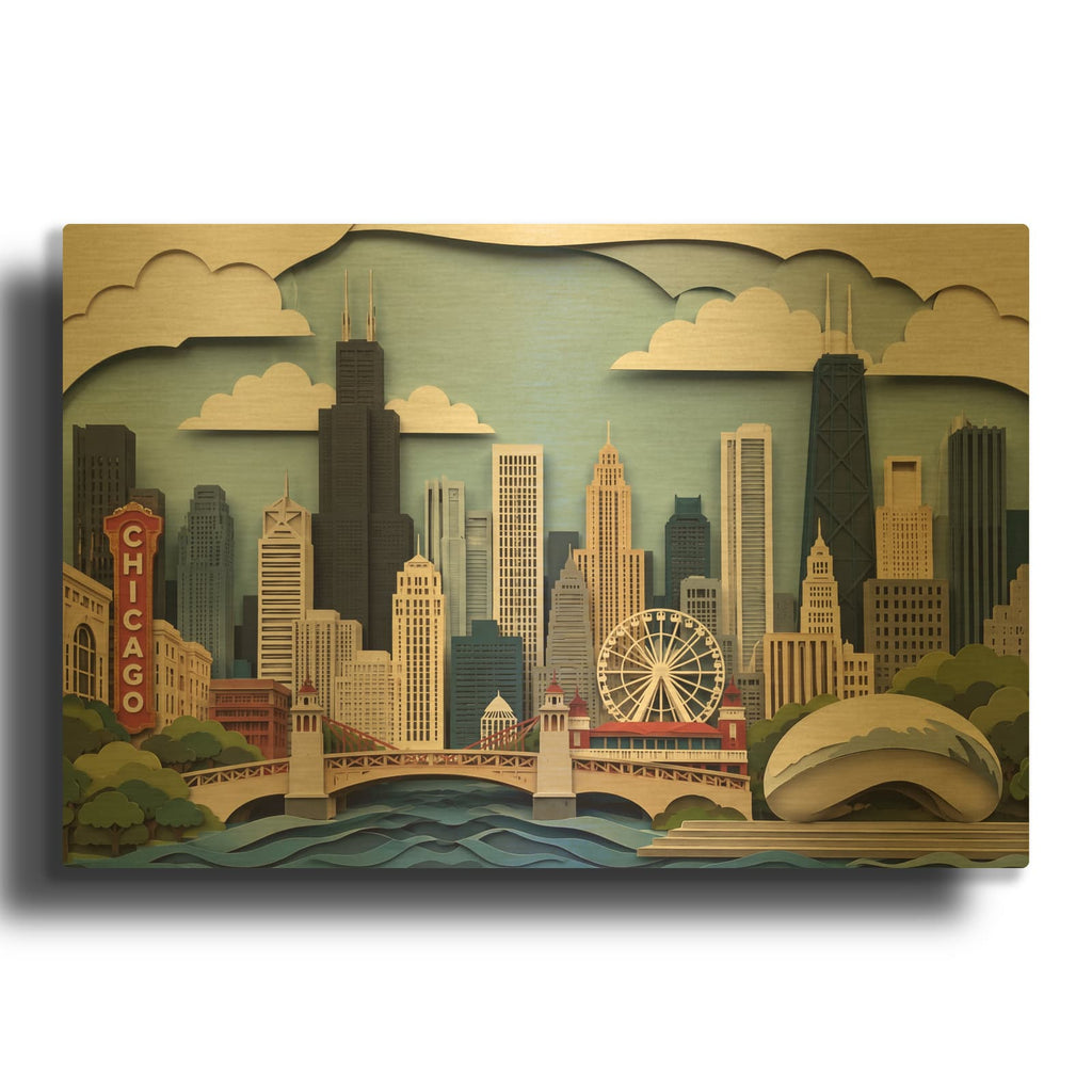 'Paper Cut City - Chicago Icons' By Veve Gold Metal Wall Art