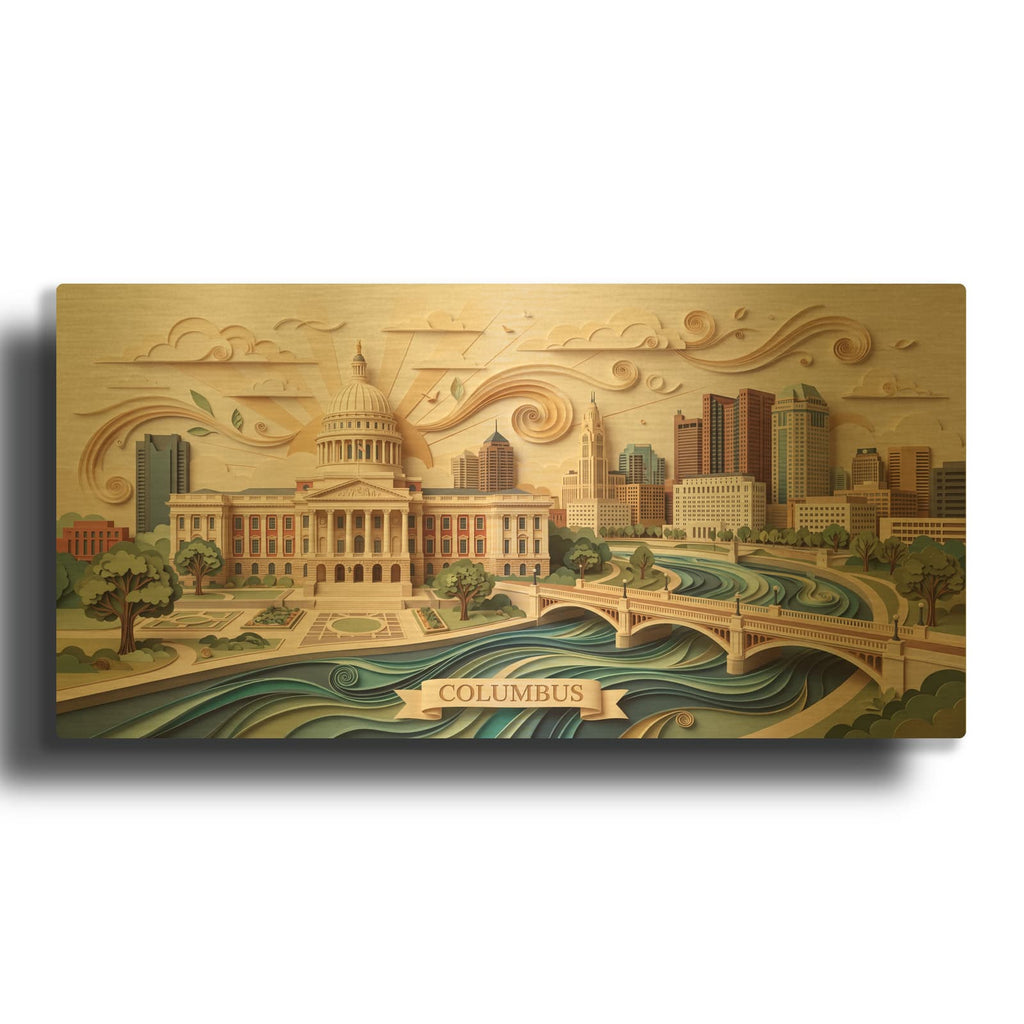 'Paper Cut Columbus Ohio Skyline I' By Veve Gold Metal Wall Art