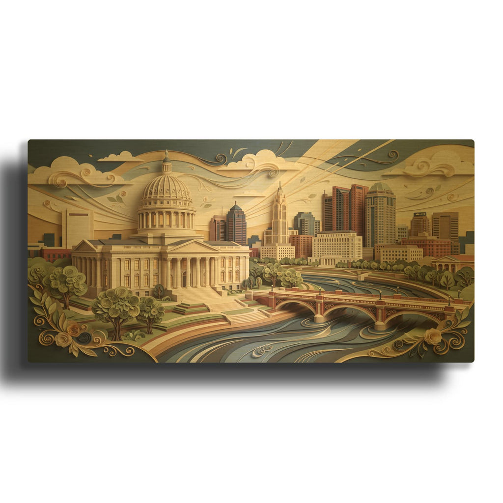 'Paper Cut Columbus Ohio Skyline II' By Veve Gold Metal Wall Art